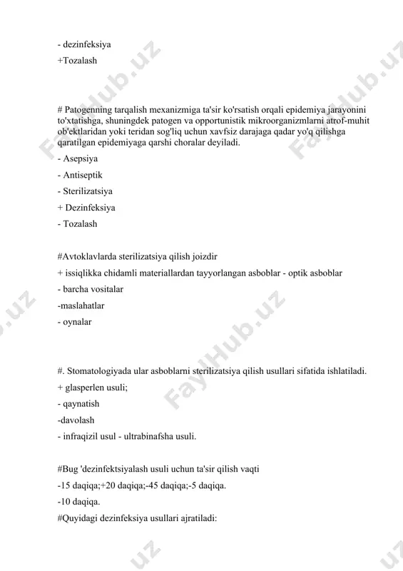 rsizlantirish -mikroorganizmlarning vegetativ shakllarini yo'q qilish - faqat patogen mikroblarni yo'q qilish - barcha javoblar to'g'ri # csc tomonidan olingan asboblar quyidagilar bo'lishi kerak: - foydalanishdan keyin oqadigan suv ostida yuviladi -steril +dezinfektsiyalangan - yuvilmagan - faqat patogen mikroblarni yo'q qilish # yuvish vositalari: - dezinfektsiyalash vositalari + yuvish vositalari - teri antiseptiklari - xlor o'z ichiga olgan modda -alkogol # tozalash eritmasida vodorod periksning konsentratsiyasi (%): +3 -5 -7 -6 -1 # sterilizatsiyadan oldingi ishlov berishda 27,5% perhidroldan foydalangan holda 1 litr yuvish eritmasining tarkibi: -14 ml perhidrol + 2,5 g cmc + 1 litrgacha suv +17 ml perhidrol + 5 g cmc + 1 l gacha suv -33 ml perhidrol + 5 g cmc + 1 litrgacha suv -39 ml perhidrol + 5 g cmc + 1 litrgacha suv -3 ml perhidrol + 9 g cmc + 1 litrgacha suv # asboblarni sterilizatsiya qilishdan oldin tozalash uchun 1 …