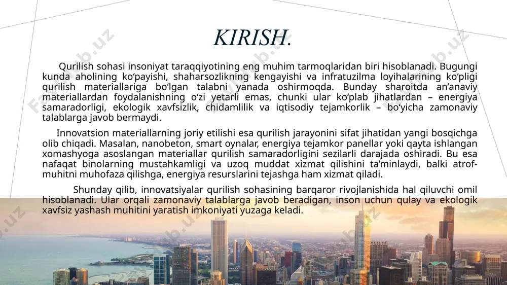 asosida tayyorlanadigan beton turi. uning afzalliklari: atmosferaga chiqariladigan karbonat angidrid miqdorini sezilarli kamaytiradi; sement ishlab chiqarishda sarflanadigan energiyani qisqartiradi; chidamliligi yuqori bo‘lib, uzoq muddat xizmat qiladi; ekologik xavfsiz va barqaror rivojlanishga mos material sifatida tan olinadi. energiya tejamkor materiallardan foydalanish orqali binolarning ekspluatatsiya xarajatlari kamayadi, yashash uchun qulay mikroiqlim yaratiladi hamda atrof-muhitni muhofaza qilishga sezilarli hissa qo‘shiladi. 5 nanotexnologiyalarga asoslangan materiallar so‘nggi yillarda qurilish sanoatida ekologik xavfsizlik masalasi dolzarb bo‘lib bormoqda. an’anaviy materiallar ishlab chiqarish jarayonida katta miqdorda energiya sarflanadi va atrof-muhitga zararli moddalar chiqariladi. shu bois, ekologik toza va qayta ishlangan materiallardan foydalanish tendensiyasi kuchaymoqda. qayta ishlangan plastik chiqindilar qurilishda panellar, plitalar, issiqlik izolyatsiyasi va qoplamalar ishlab chiqarishda keng qo‘llanilmoqda. bunday materiallar yengil, mustahkam va suvga chidamli bo‘lib, uzoq xizmat muddati bilan ajralib turadi. eng muhimi, plastik chiqindilarning qayta ishlanishi ekologik muammolarni kamaytiradi. qayta ishlangan shisha qurilishda dekorativ panellar, oynavand fasadlar, pol qoplamalari va izolyatsion mahsulotlar tayyorlashda ishlatiladi. shisha …