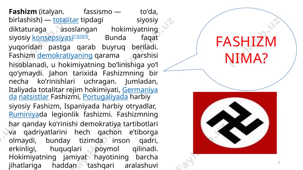 itler boshchiligidagi germaniya davlati polshaga hujum qildi. bu hujum bilan ikkinchi jahon urushi boshlandi. 3-sentyabr kuni fransiya va angliya davlatlari germaniyaga qarshi urush e’lon qildi. 23.04.2024 13 17-sentyabrda sssr va germaniya o‘rtasidagi hujum qilmaslik to‘g‘risidagi bitimning maxfiy moddalariga muvofiq sssr qo‘shinlari polsha hududiga bostirib kirdi. adolf gitler 14 15 urush butun mamlakat xo‘jaligi, uning hayotini tubdan o‘zgartirib yubordi. 1941-yil 30-iyunda sssr xks raisi va vkp(b) mk bosh sekretari i.v.stalin raisligida davlat mudofaa qo‘mitasi (dmq)ning tuzilishi bilan mamlakatdagi butun siyosiy, harbiy va xo‘jalik hokimiyati uning qo‘liga o‘tdi. 23.04.2024 16 i.v.stalin 17 18 o‘zbekiston aholisi an’anaviy vatanparvarligining ajoyib namunalaridan biri frontga umumxalq yordami ko‘rsatish edi. o‘zbekistonliklar urushning dastlabki kunlaridanoq mudofaa jamg‘armasini tashkil etish harakatida faol ishtirok etdilar. 23.04.2024 19 hamma narsa front uchun, hamma narsa g‘alaba uchun! o‘zbekiston iqtisodiyoti harbiy vaziyatdan kelib chiqib zudlik bilan front manfaatlariga bo‘ysundirildi. 23.04.2024 20 front orqasi tumanlari qatorida o‘zbekistonga ham alohida ahamiyat berildi. chunonchi, o‘rta osiyo …