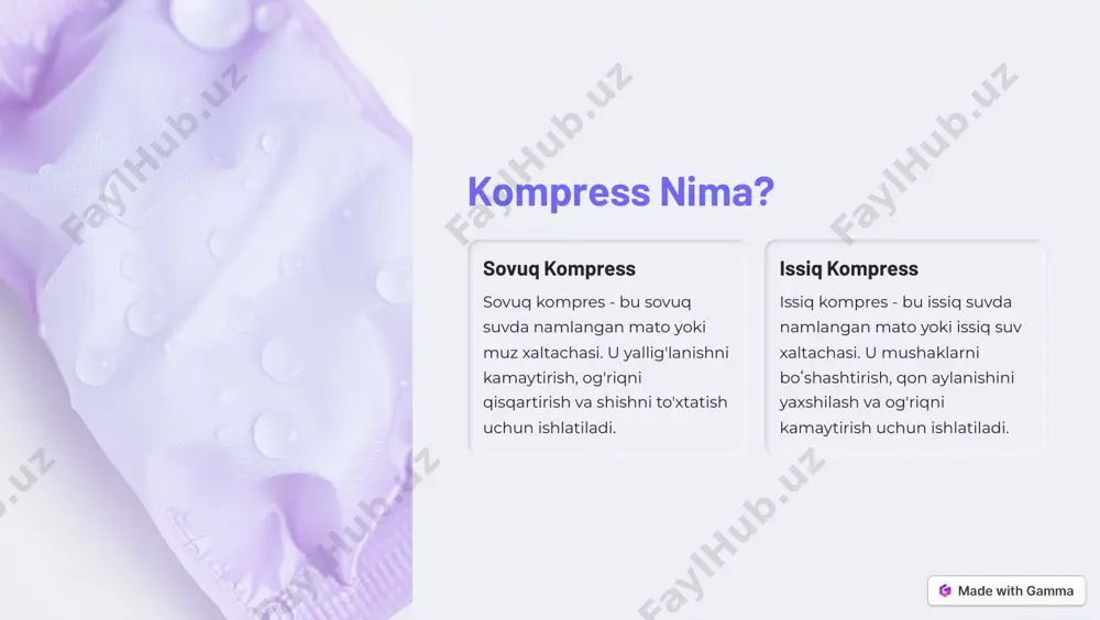 -gamma issiq kompress qoʻyish issiq suvda namlangan mato issiq suvda namlangan mato jarohatlangan joyga qoʻyiladi. kompressni toʻgʻridan-toʻgʻri teri ustiga qoʻymang. issiq suv xaltachasi issiq suv xaltachasi jarohatlangan joyga qoʻyiladi. xaltachani toʻgʻridan- toʻgʻri teri ustiga qoʻymang. issiq kompress qoʻyish davomiyligi issiq kompres 15-20 daqiqa davomida qoʻyiladi. https://gamma.app/?utm_source=made-with-gamma kompress qoʻyish uchun qulay joylar bosh boʻyin elka orqa qoʻl oyoq tizza toʻpiq bilak https://gamma.app/?utm_source=made-with-gamma kompress qoʻyish davomiyligi 1 sovuq kompress sovuq kompres 15-20 daqiqa davomida qoʻyiladi. 2 issiq kompress issiq kompres 15-20 daqiqa davomida qoʻyiladi. 3 kompressni takrorlash kompressni 2-3 soatda bir marta takrorlash mumkin. https://gamma.app/?utm_source=made-with-gamma kompress qoʻyishda eʼtibor berilishi lozim narsalar teri sezgirligi kompressni toʻgʻridan-toʻgʻri teri ustiga qoʻymang. teri sezgirligi boʻlsa, kompresni mato bilan oʻrang. vaqt kompressni juda uzoq vaqt davomida qoʻymang. 15-20 daqiqa etarli. harorat kompressni juda issiq yoki juda sovuq qilib qoʻymang. haroratni nazorat qiling. og'riq agar kompres qoʻygandan keyin og'riq kuchaytirilsa, uni darhol olib tashlang. https://gamma.app/?utm_source=made-with-gamma kompress qoʻyishdan keyin …