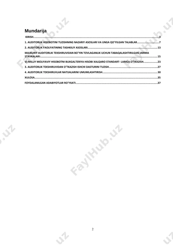 rivojlantirish va liberallashtirishga yo’naltirilgan makroiqtisodiy barqarorlikni mustahkamlash va yuqori iqtisodiy o’sish suratlarini saqlab qolish, milliy iqtisodiyotning raqobatbardoshligini oshirish, qishloq xo’jaligini modernizatsiya qilish va jadal rivojlantirish, iqtisodiyotda davlat ishtirokini kamaytirish bo’yicha institutsional va tarkibiy islohotlarni davom ettirish, xususiy mulk huquqini himoya qilish va uning ustuvor mavqeyini yanada kuchaytirish, kichik biznes va xususiy tadbirkorlik rivojini rag’batlantirish, hududlar, tuman va shaharlarni kompleks va mutanosib holda ijtimoiy-iqtisodiy taraqqiy ettirish, investitsiyaviy muhitni yaxshilash orqali mamlakatimiz iqtisodiyoti tarmoqlari va hududlariga xorijiy sarmoyalarni faol jalb etish”[footnoteref:1] muhim vazifa ekanligi belgilab qo’yilganligi mamlakat iqtisodiyotini rivojlanishida muhim ahamiyatga egadir. [1: o’zbekiston respublikasi prezidentining farmoni pf-4947 07.02.2017 “o’zbekiston respublikasini yanada rivojlantirish bo’yicha harakatlar strategiyasi to’g’risida”.] o’tgan yillarda mamlakatimizda auditning normativ-huquqiy va uslubiy bazasi shakllantirildi, shuningdek, auditorlik faoliyatini litsenziyalashning soddalashtirilgan va muddatsiz tizimi joriy etildi, bu auditorlik xizmatlari bozorining shakllanishiga va mahalliy auditorlik tashkilotlari auditorlik kompaniyalarining yirik xalqaro tarmoqlariga kirishini ta’minlashga imkon yaratdi. shu bilan birga, qator muammolar va kamchiliklar auditorlik …