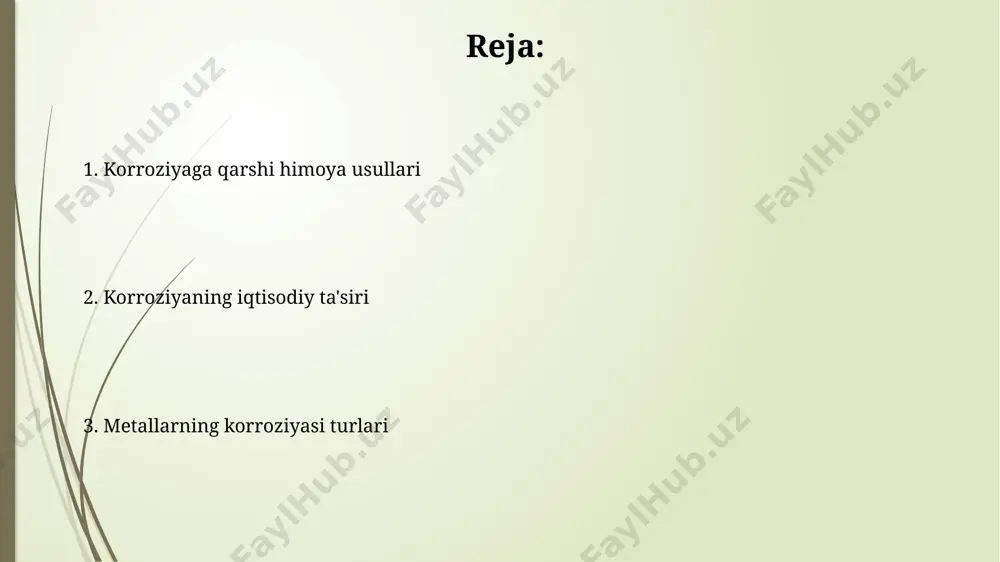 i turli metallarning aloqasida ro‘y beradi, masalan, mis va temirning dengiz suvida (35% tuz tarkibi) bo‘lgan aloqasi elektrokimyoviy potensial farqini 0,76v gacha oshiradi. korroziyaning iqtisodiy ta'siri rossiyaning neft va gaz quvurlari korroziyasi tufayli yiliga o'rtacha 10 million tonna neft va gaz yo'qotilishi kuzatiladi, bu esa millionlab dollarlik zarar keltiradi. braziliya po'lat ishlab chiqaruvchi korxonalarining korroziya bilan bog'liq yo'qotishlari yiliga 5% ga yaqin, bu esa ularning raqobatbardoshligini pasaytiradi va ish o'rinlarining kamayishiga olib keladi. metallarning korroziyasi turlari dengiz suvida sodir boʻladigan elektrokimyoviy korroziya, masalan, xazardengizidagi neft-gaz quvurlari singari dengiz muhitida joylashgan metall konstruksiyalarda, yuqori tuz konsentratsiyasi tufayli 10 baravar tezlashadi. metallarning korroziyasi turlaridan biri atmosfera korroziyasi boʻlib, u havoda kislorod, suv bugʻlari va ifloslantiruvchi moddalar ta'sirida 25-30°c haroratda sodir boʻladi va metallarning yuzasida passiv qatlam hosil boʻlishiga olib keladi. korroziyaga ta'sir etuvchi omillar korroziya tezligi metallarning standart elektrod potensiallari farqiga, masalan, temir va mis o'rtasidagi 0,76 v farqga bog'liq bo'lib, bu …