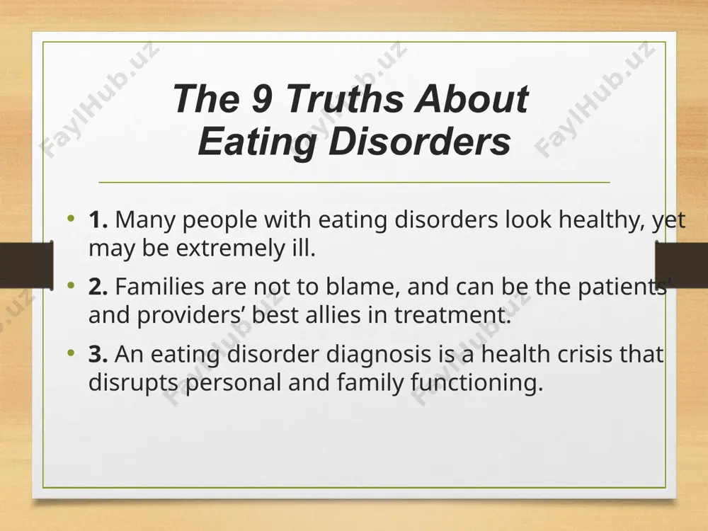 ituation. warning signs of an: familiarity with eating disorder warning signs is vital to early intervention. dramatic weight loss preoccupation with weight, food, calories, and dieting refusal to eat certain foods, progressing to restrictions against whole categories of food consistent excuses to avoid mealtimes or situations involving food withdrawal from usual friends and activities inappropriate and/or extreme exercise health consequences of an: in anorexia nervosa, the cycle of self-starvation denies the body of essential nutrients it needs to function properly. the body is therefore forced to slow down all of its processes to conserve energy, resulting in serious medical consequences. dry hair, hair loss fainting and fatigue muscle loss, overall weakness abnormally low heart rate, low blood pressure, risk of heart failure severe dehydration, kidney failure osteoporosis or osteopenia (reduction in bone density) 11 bulimia nervosa (bn) characterized by binge eating and compensatory behaviors, such as self-induced vomiting, in an …