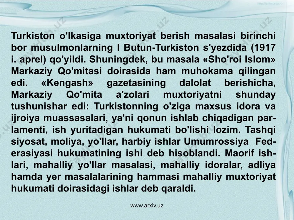 dagi ziddiyatlar milliy ozodlik kuchlari safida parchalanishga olib keldi. tashkiliy jihatdan bu xol 1917 yil iyun oyining o'rtalarida «sho'roi islom» tashkilotidan ajralib chiqib, «sho'roi ulamo» jamiyati tuzilishida ifoda­landi. «sho'roi ulamo» jamiyati a'zolari ruhoniyat tarafdorlari bo'lib maydonga chiqdilar. ular o'z g'oyalarini targ'ibot qilish uchun «al-izoh» jurnalini chiqara boshladilar. jurnal noshiri va muharriri abdumalik hoji nabiyev bo'lib, uning birinchi soni 1917 yil 19 iyunda chiqqan edi. jurnal sahifalarida asosan diniy masalalarga ko'proq, e'tibor berilib, ahloq, madaniyat, ijtimoiy hayot ruhoniyat nuqtai nazaridan targ'ibot qilindi. www.arxiv.uz 1917 yil kuzida davom etayotgan imperialistik urush natijasida mamlakatda ocharchilik, ishsizlik avj oldi, iqtisodning tanazzuli yanada chuqur­lashdi. bu esa o'z navbatida mehnatkash ommaning noroziligini kuchaytirdi hamda markaz va joylarda hokimiyatning inqiroziga olib keldi. bunday vaziyatdan foydalangan toshkent ishchi va soldat deputatlari soveti (tashsovet)ga kirgan bolsheviklar «butun hokimiyat sovetlarga» degan shiorni ko'tarib chiqdilar va tezda inqilobiy qo'mita tashkil qilishni taklif etdilar. biroq, mahalliy milliy tashkilotlar boshqa fikrda edilar. markaziy …