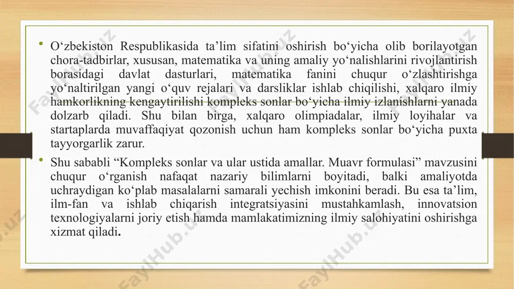 sonlarning algebraik, trigonometrik va eksponensial ko‘rinishlari, ular ustida bajariladigan qo‘shish, ayirish, ko‘paytirish, bo‘lish amallari hamda modul va argument tushunchalari batafsil o‘rganildi. tadqiqot jarayonida kompleks sondan ildiz chiqarish masalasi, xususan de muavr formulasi yordamida ildizlarni topish, ularning kompleks tekislikda joylashish qonuniyatlari, geometrik talqini va amaliy misollardagi tatbiqi tahlil qilindi. ildizlarning tekislikda muntazam ko‘pburchak uchlari ko‘rinishida joylashishi, ularning simmetriya xossalari va burchak o‘lchamlari orqali aniqlanishi isbotlandi. o‘rganilgan nazariy bilimlar ko‘plab fan va texnika sohalarida qo‘llaniladi. masalan, elektrotexnikada o‘zgaruvchan tok zanjirlarini tahlil qilishda, to‘lqin jarayonlari nazariyasida, mexanik tebranishlarni modellashtirishda, radioaloqa va antennalar nazariyasida, kvant fizikasi hamda signal va tasvirlarni qayta ishlashda kompleks sonlardan samarali foydalaniladi. shu bois, mazkur mavzuning chuqur o‘zlashtirilishi kelgusida nafaqat nazariy matematikani rivojlantirish, balki muhandislik, fizika va texnologiya sohalarida ham yangi natijalarga erishish uchun muhim ahamiyat kasb etadi. foydalanish uchun tavsiya etiladigan o‘quv-uslubiy adabiyotlar ro‘yxati i. o‘zbekiston respublikasi prezidentining asarlari 1. mirziyoyev sh.m. “erkin va farovon, demokratik o‘zbekiston davlatini mard …