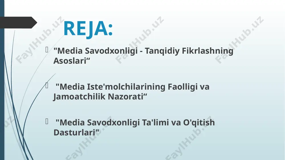 * tasdiqlash: taqdimotni tanishish va o'zgartirish uchun o'zingiz yoki hamkasbingiz bilan ko'rib chiqish. 5. taqdimotni mashq qilish: * o'ziga ishonch: mashq qilish sizga o'ziga ishonchni va ovozni boshqarishni o'rganishga yordam beradi. * vaqtni boshqarish: mashq qilish taqdimot vaqtiga moslashishga va vaqtni samarali boshqarishga yordam beradi. * aloqa qobiliyatlari: taqdimotni mashq qilish tananing tilini va aloqa uslubini yaxshilashga yordam beradi. taqdimotni taqdim etish usullari va vositalari: * slaid-shou: powerpoint, google slides kabi dasturlar orqali yaratilgan vizual taqdimot. * videorolik: adobe premiere, imovie kabi dasturlar orqali yaratilgan video taqdimot. * interfaol taqdimot: mentimeter, kahoot kabi dasturlar orqali o'tkazilgan interfaol taqdimot. * onlayn platformalar: zoom, teams kabi platformalar orqali o'tkazilgan onlayn taqdimotlar. * tananing tili: o'zingizga ishonch, ochiqlik va ko'z bilan aloqa. * ovozni boshqarish: aniq, ravshan va o'ziga xos ovoz bilan taqdimot. * aloqa qobiliyatlari: auditoriyani jalb qilish, savollarning javobini berish va muloqotda bo'lish. oav (ommaviy axborot vositalari) aholi ning media savodxonligini …
