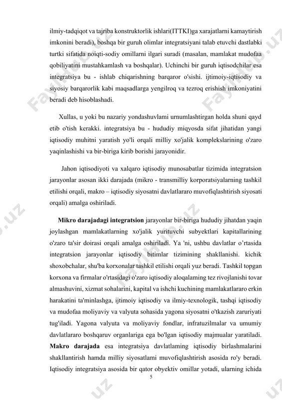 ya asosida bir qator obyektiv omillar yotadi, ularning ichida quyidagilar muhim ahamiyat kasb etadi: - xo'jalik hayotining yanada baynalmilallashuvi; - xalqaro mehnat taqsimotining chuqurlashuvi; - umumjahon ahamiyatga ega bo'lgan ilmiy-texnika inqilobi (iti); - milliy iqtisodiyotlar ochiqlik darajasining kuchayishi va boshqalar. ushbu obyektiv omillaming barchasi jahon iqtisodiyoti va xalqaro iqtisodiy munosabatlar tizimida bir-birlari bilan chambarchas bog'liq holda o'zaro aloqadorlikda rivojlanib boradi. baynalmilallashuv omili mamlakatlar o'rtasida barqaror iqtisodiy aloqalarning rivojlanishi va takror ishlab chiqarishning milliy xo'jalik doirasidan chetga chiqish jarayonini aks ettiradi (eng avvalo, xalqaro mehnat taqsimoti asosida). jahon xo'jalik hayoti baynalmilallashuvining o'sishi va rivojlanishida tmklarning ta'sir doirasi katta. yunktad ma'lumotiga ko'ra hozirgi kunda jahonda 65 mingdan ortiq tmklar va ularning 850 mingdan ortiq shoxobchalari va shu'ba korxonalari faoliyat ko'rsatib kelmoqda. jahon xo'jaligida xalqaro iqtisodiy integratsiyaning rivojlanishiga ta'sir etuvchi ikkinchi omil- xalqaro mehnat taqsimoti tuzilmasidagi chuqur o'zgarishlardir (bu asosan it! ta'sirida yuz beradi). xalqaro mehnat taqsimoti atamasi, bir tomondan mamlakatlarning muayyan mahsulotlar …
