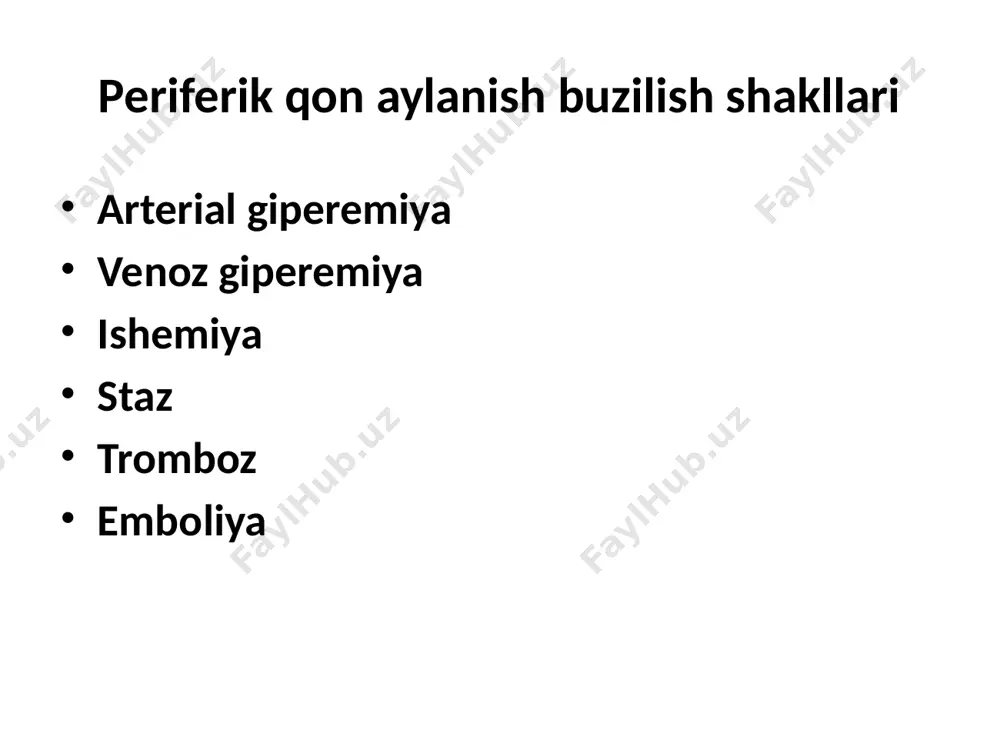 ari va suv almashinuvi ketadi. u siz hujayralar ochlikdan o’ladi. ko’rinishlari 1-ishemik qon kelishining прекращение притока крови 2-dimlanishli (venoz) прекращение оттока крови 3-sun’iy-kapillyar eritrotsitlar kapillyarichi agregatsiyasi. bosqichlari: 1.agregatsiya 2.fragmentatsiya 3.сладж (sludge) sun’iy kapillyar stazida eritrotsitlar agregatsiyasi patogenezi.  etiologik omillar  поврежитов капилляров    o’tkazuvchanligi eritrotsit membranasining fizik kimyoviy tarkibi o’zgarishi  atrof to’qimalarga albumin va suyuqlik filtratsiyasi   qonda yuqori molekulyar oqsillar ortishi(глобулинов и фибриногена)  eritrotsit membranasida oqsil adsorbsiyasi   eritrotsit membranasining yuzaki potensiali.  agregatsiya staz oqibati: agar omadli o’tsa : qon aylanish tiklanishi (qaytar staz) agar teskarisi bo’lsa : nekroz (orqaga qaytmas jarayon) tromboz tomirlarda muddatidan oldin tromb hosil bo’lishi. tromb odatda normada qon ketganda yoki o’limda hosil bo’ladi. tromb hosil bo’lishining 2 mexanizmi 1- trombositar-tomirli , bunda tomir va trombotsitlar qatnashadi.(spazm) 2- koagulyatsion , bu yerdа koagulyatsion hujayra va plazma omillari ishtirok etadi. (13) bularning barchasi qon ivish sistemasi deb nomlanadi.это …
