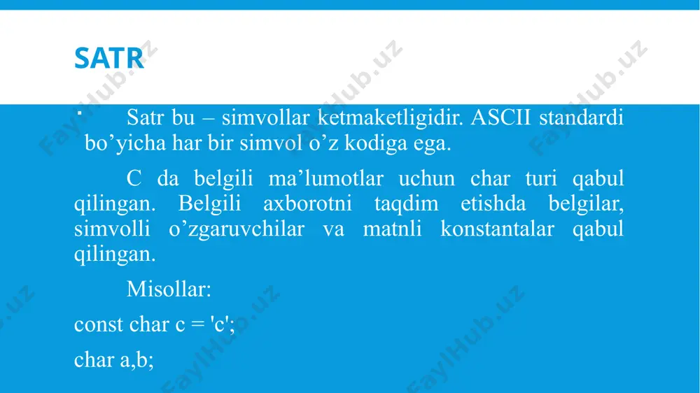 rni kichikka aylantirish atoi funksiyasini ishlatish #include #include using namespace std; int main() { cout << "hello world!" << endl; char s[]="23423"; int t=0; t=atoi(s); cout<<t; return 0; } atoi – funksiyasi orqali satrni songa aylantirish misollar berilgan satrdan so‘zlarni ajratib oluvchi dastur tuzing (misol 8) berilgan satrdan eng uzun so‘zni aniqlovchi dastur tuzing (misol 9) berilgan satrdan palindrom so‘zlarni topuvchi dastur tuzing (misol 10) berilgan satrda ‘a‘ dan boshlanadigan so‘zlarni chopqiluvchi dastur tuzing(misol 11) etiboringiz uchun rahmat image2.png image3.png image4.png image5.png image6.png image7.png image8.png image9.png /docprops/thumbnail.jpeg