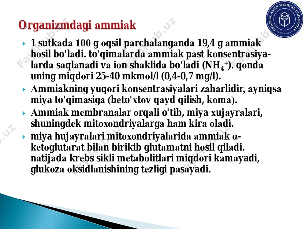 etil konyugatlar hosil bo'ladi. metildofa → metildofamin + so2 metildofamin+sam→3-o-metilmetildofamin+sag  antivitamin, antigormon, antimediator, antiferment, antiaminokislota, antipurin, antipirimidin, antikoagulyant va boshq.  folat kislota antimetabolitlari – 6-merkaptopurin, aminopterin va metatreksat; pask, sulfanilamid preparatlar;  geparin – vitamin k;  avidin oqsili– vitamin n. 1. fenilketonuriya – fenilalaningidroksilaza fermentining sintezi buzilishi natijasida vujudga keladi. siydik bilan sutkada 1-2 gr fenilpirouzum kislotasi, 2-3 gr fenilasetilglutamin ajralib chiqadi. 2. alkaptonuriya – gomogentizin kislota oksidazasi inaktivlanishi natijasida vujudga keladi. tog'aylarning bo'yalishi (oxranoz), qarilikda artrit rivojlanishi kuzatiladi. siydikga ishqor qo'shilsa, tezda qorayadi. 3. albinizm – tirozinaza fermentining irsiy yetishmasligi natijasida melanositlarda melanin hosil bo'lmaydi. 4. parkinsonizm – tirozinning dofaga aylanishi buziladi.