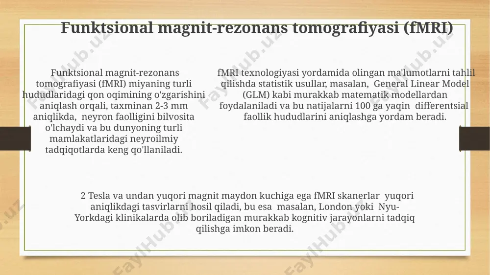 dan ortiq voxelni o'z ichiga oladi. psixofiziologik kasalliklarni aniqlash ter bezlari faolligini o'lchaydigan teri galvanik javobi (gsr) yordamida 0,5 mikrosiemens dan yuqori ko'rsatkichlar andijon viloyatidagi shaxslarning yolg'on gapirish ehtimolini oshiradi. psixofiziologik kasalliklarni aniqlashda, masalan, yurak urish tezligini o'lchaydigan elektrokardiogramma (ekg) yordamida 100 dan ortiq urish/daqiqada bo'lgan taxikardiya holatlari toshkentdagi kardiologiya markazlarida tez-tez uchraydi. miyada bioelektrik faolligini o'rganuvchi ensefalografiya (eeg) yordamida 3-7 gts oralig'ida alfa to'lqinlarining pasayishi samarqanddagi bemorlarda tashvish va stressning yuqori darajasini ko'rsatishi mumkin. elektroenefalografiya (eeg) eeg tekshiruvi epilepsiya, uyqu buzilishlari va boshqa nevrologik kasalliklarni tashxislashda muhim ahamiyatga ega bo'lib, dunyoning ko'plab mamlakatlaridagi, jumladan, o'zbekistondagi klinikalarda qo'llaniladi. elektroensefalografiya (eeg) yordamida miya faoliyatining turli chastotalardagi (delta, teta, alfa, beta, gamma) to'lqinlarini 10 dan 20 tagacha elektrodlar yordamida bosh terisidan qayd etib, miya hududlarining faollik darajasini aniqlash mumkin. eeg signallari kompyuter yordamida tahlil qilinadi va turli xil ko'rsatkichlar, masalan, amplitudasi 50 mkv dan yuqori bo'lgan to'lqinlar soni va ularning davomiyligi aniqlanadi. …