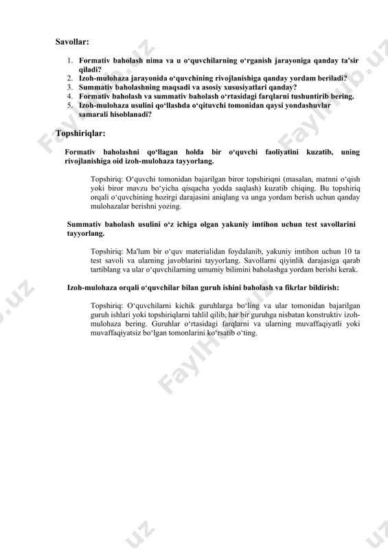 kichik guruhlarga bo‘ling va ular tomonidan bajarilgan guruh ishlari yoki topshiriqlarni tahlil qilib, har bir guruhga nisbatan konstruktiv izoh- mulohaza bering. guruhlar o‘rtasidagi farqlarni va ularning muvaffaqiyatli yoki muvaffaqiyatsiz bo‘lgan tomonlarini ko‘rsatib o‘ting.