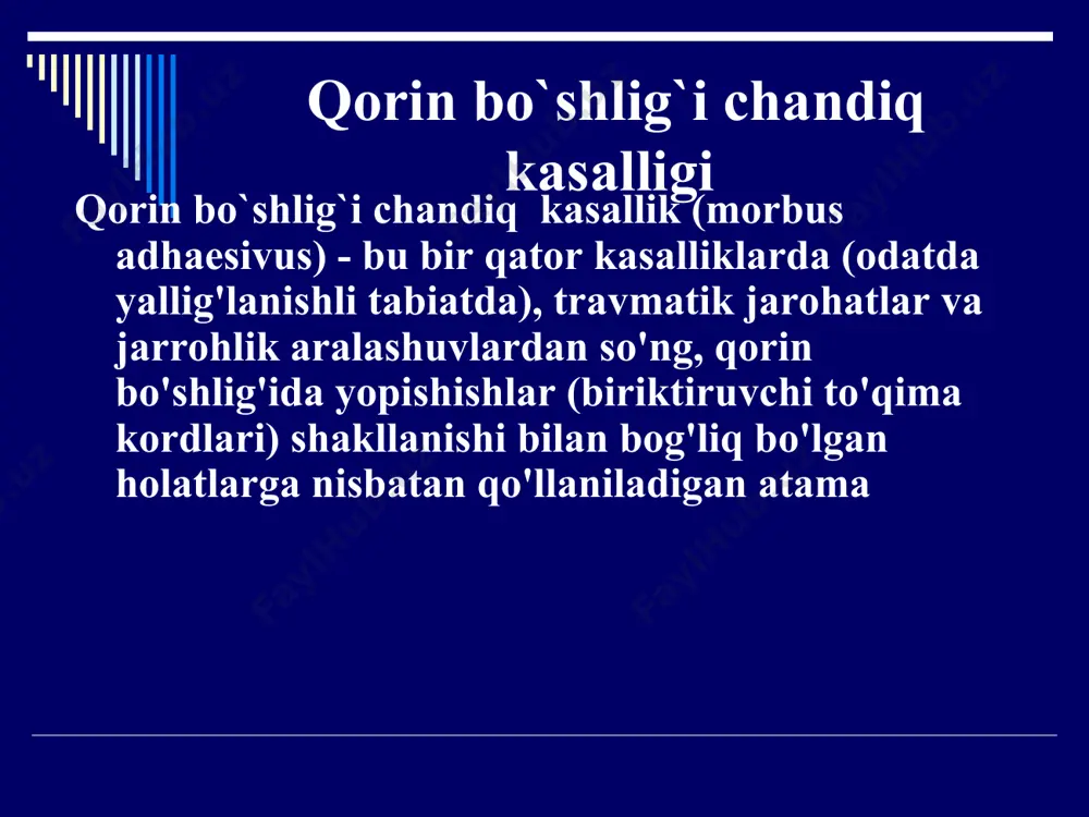 qovuzloqlari orasidagi bitishmalarning paydo bo'lishining boshlanishi qorin bo`shlig`i chandiqlarining rivojlanish mexanizmi (patogenezi) yopishqoq kasallikning rivojlanishi bir necha bosqichlardan o'tadi:qorin pardasining shikastlanishi → shikastlangan joyda - seroz-fibrinli ekssudat, uning tarkibida turli xil hujayra elementlari → ekssudatdan fibrin tushadi → qorin pardaning shikastlangan yuzasi fibrin bilan qoplanadi → 2 kun oxirida nozik tolali shakllanishlar. peritonda kuzatilishi mumkin → qorin pardaning fibrin bilan qoplangan joylarining aloqasi , ularning bir-biriga yopishtirilishiga olib keladi. qorin bo`shlig`i chandiqlarining rivojlanish mexanizmi (patogenezi) ba'zida hosil bo'lgan yopishishlar keyinchalik yorilib, yo'q bo'lib ketadi, lekin ba'zi hollarda fibrin yopishishlari asta-sekin zichroq bo'lib, yopishqoqlik hosil bo'lishiga asos bo'ladi. chandiq hosil bo`lish jarayoni bitishmalar hosil bo'lganda, fibrin qatlami asta-sekin qon tomirlari bilan o'sib boradi → kollagen tolalari bilan mustahkamlanadi.qorin bo'shlig'i bitishmalarining shakllanishi operatsiyadan keyingi birinchi kunida ichak peristaltikasi (harakatlari) yo'qligi bilan kuchayadi, bu ichak harakatlari hali mustahkamlanmagan yopishqoqlikni buzishga imkon bermaydi.rivojlanayotgan yopishtiruvchi dastlabki 2-3 kun ichida yorilib ketmasa, u umuman yorilishi mumkin …