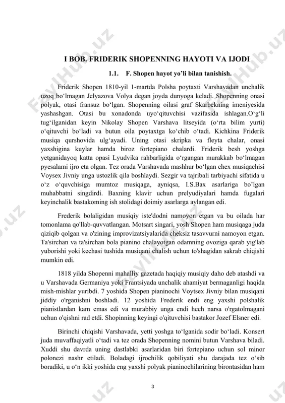 abbiy unga endi hech narsa o'rgatolmagani uchun o'qishni rad etdi. shopinning keyingi o'qituvchisi bastakor jozef elsner edi. birinchi chiqishi varshavada, yetti yoshga to‘lganida sodir bo‘ladi. konsert juda muvaffaqiyatli o‘tadi va tez orada shopenning nomini butun varshava biladi. xuddi shu davrda uning dastlabki asarlaridan biri fortepiano uchun sol minor polonezi nashr etiladi. boladagi ijrochilik qobiliyati shu darajada tez o‘sib boradiki, u o‘n ikki yoshida eng yaxshi polyak pianinochilarining birontasidan ham kam emas edi. jivniy yosh qobiliyat egasi bilan mashg‘ulotlar olib borishdan bosh tortadi. bunga sabab qilib esa unga boshqa hech narsa o‘rgata olmasligini ko‘rsatadi.bola musiqa mashg‘ulotlari bilan birgalikda yaxshigina umumiy ma’lumot ham oladi. bolaligidayoq friderik fransuz va nemis tillarida erkin gapira olar, polsha tarixini katta qiziqish bilan o‘rganar, badiiy adabiyotni ko‘p o‘qirdi. u o‘n uch yoshida litseyga o‘qishga kirib, uch yil muvaffaqiyatli tamomlaydi. 0 ‘qish davomida boiajak bastakoming ko‘p qirrali iste’dodi namoyon bo‘la boshlaydi. u yaxshigina rasm chizar, ayniqsa, karrikaturalar chizishga …