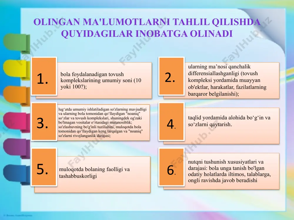 rqlay olishini tekshirish. bolaning fe’l nisbatlari o‘rtasidagi munosabatni tushuna olishini tekshirish. bolaning fe’lning tugallangan va tugallanmagan shaklini tushuna olishini tekshirish bolaning fe’lning birlik va ko‘plik shakllarini farqlay olishini aniqlash. ikkita predmet orasidagi ba’zi fazoviy aloqadorlikni ifodalovchi so‘zlarni (o‘rin-joy otlarini) tushuna olishini aniqlash bolaning belgini ifodalovchi so‘zlar (sifatlar): shakl-hajm, rang-tus, maza-ta’m sifatlarini farqlay olishini tekshirish bolaning ba’zi kelishik qo‘shimchalari, shaxslararo munosabat, predmetlarning o‘zaro munosabatlarini bildiruvchi konstruksiyalarni tushunishini aniqlash. bolaning turli murakkablikdagi matnlarni tushuna olishini aniqlash. image1.jpeg image2.png image3.png image4.png /docprops/thumbnail.jpeg
