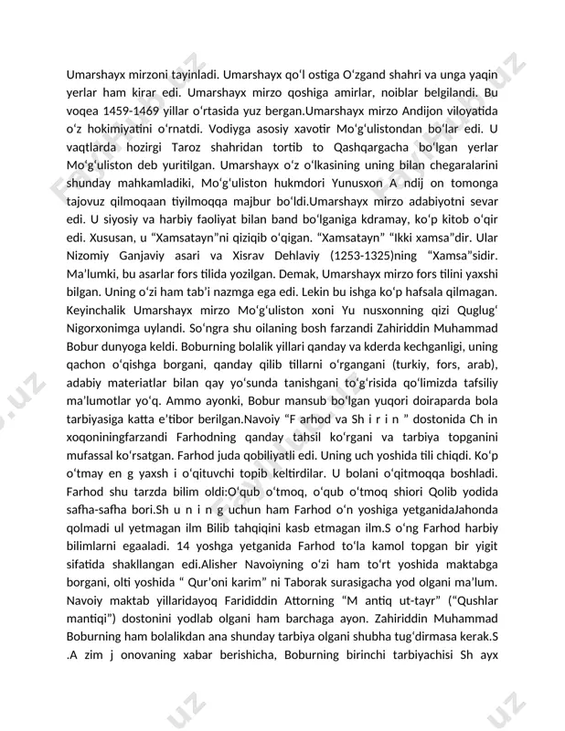 ani va tarbiya topganini mufassal koʻrsatgan. farhod juda qobiliyatli edi. uning uch yoshida tili chiqdi. koʻp oʻtmay en g yaxsh i oʻqituvchi topib keltirdilar. u bolani oʻqitmoqqa boshladi. farhod shu tarzda bilim oldi:oʻqub oʻtmoq, oʻqub oʻtmoq shiori qolib yodida safha-safha bori.sh u n i n g uchun ham farhod oʻn yoshiga yetganidajahonda qolmadi ul yetmagan ilm bilib tahqiqini kasb etmagan ilm.s oʻng farhod harbiy bilimlarni egaaladi. 14 yoshga yetganida farhod toʻla kamol topgan bir yigit sifatida shakllangan edi.alisher navoiyning oʻzi ham toʻrt yoshida maktabga borgani, olti yoshida “ qurʼoni karim” ni taborak surasigacha yod olgani maʼlum. navoiy maktab yillaridayoq farididdin attorning “m antiq ut-tayr” (“qushlar mantiqi”) dostonini yodlab olgani ham barchaga ayon. zahiriddin muhammad boburning ham bolalikdan ana shunday tarbiya olgani shubha tugʻdirmasa kerak.s .a zim j onovaning xabar berishicha, boburning birinchi tarbiyachisi sh ayx mazidbek boʻlgan. u ning vafotidan soʻng yosh boburningtarbiyasi bilan boboqulibek shugʻullangan. temuriylar saroyida otabeklik -tarbiyachil …
