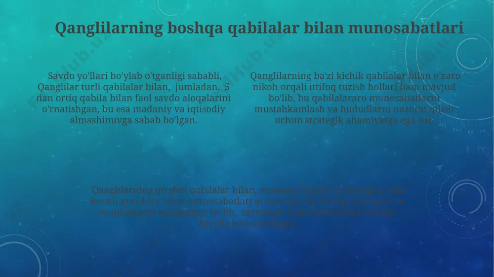 qangli tilining lug'at fondi taxminan 5000-7000 so'zdan iborat bo'lib, uning fonetik tuzilishi turkiy tillarga yaqin hisoblanadi, ammo o'ziga xos xususiyatlarga ham ega. tilning grammatik tuzilmasi agglutinativ bo'lib, fe'l shakllari zamon, mayl, kishlilik kategoriyalarini ifodalaydi, jumla tuzilishi esa sov (subjekt-obyekt-verb) turiga yaqin. qanglilarning madaniyati qanglilarning an'anaviy musiqa asboblari, masalan, dutor va doira, 3 ta asosiy uslubda ijro etilib, ularning turmush tarzi va e'tiqodlarini ifodalaydi. qanglilarning og'zaki adabiyoti, jumladan, 50 dan ortiq afsona va ertaklar, avlodlar davomida og'zaki ravishda saqlanib kelingan boy tarix va madaniyatni o'zida mujassamlashtiradi. qanglilarning an'anaviy kiyimlari 20 dan ortiq turli bezak va naqshlarga ega bo'lib, ularning ijtimoiy mavqei va qabilalararo aloqalarini aks ettiradi. e'tiboringiz uchun rahmat @taqdimot_robot image3.png