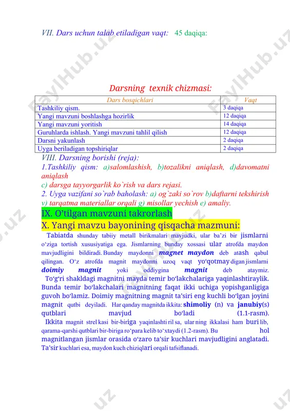 lash orqali bilim olishga, xotirani mustahkamlashga, tez fikrlashga o`rgatish, fanga qiziqishini ortirish. ii. darsning turi: amaliy, nazariy, aralash, noan`aviy, ananaviy. iii. darsning usuli: aqliy hujum, savol-javob, guruhlarda ishlash. iv. darsning jihozi: darslik ,ko’rgazmali qurollar v. didaktik jihoz: tarqatma materiallar, slaydlar ,bukletlar. vi. texnik jihoz: kompyuter, diaproyektor ekran. vii. dars uchun talab etiladigan vaqt: 45 daqiqa: darsning texnik chizmasi: dars bosqichlari vaqt tashkiliy qism. 3 daqiqa yangi mavzuni boshlashga hozirlik 12 daqiqa yangi mavzuni yoritish 14 daqiqa guruhlarda ishlash. yangi mavzuni tahlil qilish 12 daqiqa darsni yakunlash 2 daqiqa uyga beriladigan topshiriqlar 2 daqiqa viii. darsning borishi (reja): 1.tashkiliy qism: a)salomlashish, b)tozalikni aniqlash, d)davomatni aniqlash c) darsga tayyorgarlik ko`rish va dars rejasi. 2. uyga vazifani so`rab baholash: a) og`zaki so`rov b)daftarni tekshirish v) tarqatma materiallar orqali g) misollar yechish e) amaliy. ix. o’tilgan mavzuni takrorlash x. yangi mavzu bayonining qisqacha mazmuni: tabiatda shundaу tabiiу mеtall birikmalari mavjudki, ular ba’zi bir jismlarni …