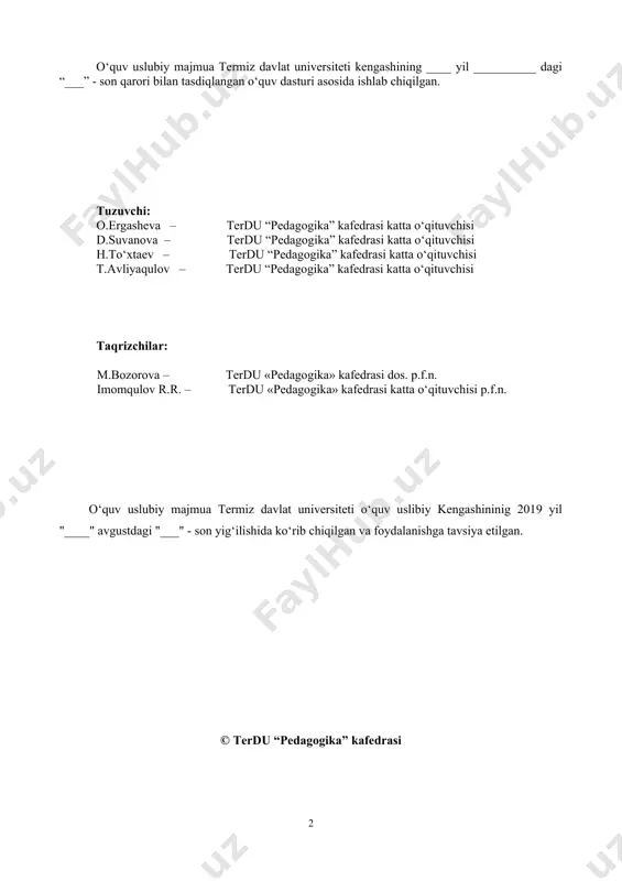 g yoritish va ularni hisobga olgan holda fan mavzularini shakllantirish, o‘quv jarayonini kompleks loyihalash asosida kafolatlangan natijalarga erishish, mustaqil bilim olish va o‘rganish hamda nazoratni amalga oshirishni ta’minlaydigan o‘quv-uslubiy vosita bo‘lib, talabaning ijodiy qobiliyatlarini rivojlantirishga yo‘naltirilgan o‘quv-uslubiy manbalar, didaktik vositalar va materiallar, elektron ta’lim resurslari, o‘qitish texnologiyasi, baholash metodlari va mezonlarini o‘z ichiga oladi. ushbu o‘quv-uslubiy majmuada “ta’lim-tarbiyaning dolzarb muamollari” fanining o‘quv dasturiga muvofiq ravishda ma’ruzalar matnlari, amaliy mashg‘ulotlarni o‘tkazish bo‘yicha uslubiy tavsiyalar, mustaqil ta’lim topshiriqlarini bajarish bo‘yicha uslubiy qo‘llanma, fanning o‘quv va ishchi-o‘quv dasturlari, fan yuzasidan testlar, nazorat savollari, talabalar bilimini baholash mezonlari, fan mavzulari bo‘yicha tarqatma materiallar, fan mavzularini o‘zlashtirish bo‘yicha asosiy va qo‘shimcha adabiyotlar hamda boshqa didaktik materiallar jamlangan. i-bo‘lim. o‘quv materiallar 1.1. ma’ruza uchun materiallar 1-2 mavzu: ta’lim tizimida olib borilayotgan islohotlar. ta’lim jarayonining dolzarb muammolari ma’ruza mashg‘uloti rejasi: 1.pedagogika fanining dolzarb muammolarining nazariy asoslari. 2. ta’lim jarayonidagi sifat ko‘rsatgichining dolzarblik asoslari. 3.insonning intellekti va kasbiy …