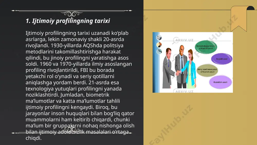qarishi mumkin. profilingning noto'g'ri qo'llanilishi jamiyatda adolatsizlikka olib kelishi mumkin, chunki odamlar jins, millat yoki ijtimoiy mavqe asosi bo'yicha ajratib o'tiladi. statistik ma'lumotlar shuni ko'rsatadiki, 70% holatda ijtimoiy profiling huquqbuzarliklarga olib kelishi mumkin. odamlar o'zlarining shaxsiy hayoti himoyasi va adolatli muomalarini saqlash uchun 85% hollarda qonuniy choralar izlaydilar. ... t.me/slaydai_bot ijtimoiy profiling afzalliklari orasida samaradorlikni oshirish, turli segmentlarga ko'ra maqsadli marketing strategiyalarini ishlab chiqish va potensial xavflarni barvaqt aniqlash kabilar kiradi. shuningdek, ijtimoiy profiling tashkilotlarga mijozlar ehtiyojlarini chuqurroq tushunishga yordam beradi. kamchiliklari esa shaxsiy hayotga aralashish, noto'g'ri malumotlar tufayli nohaq qarorlar qabul qilinishi va diskriminatsiya xavfi mavjudligidir. ijtimoiy profilingdan foydalanishda shaxsiy ma’lumotlarning himoyasi va etik me’yorlarga rioya qilish muhim ahamiyatga ega. shuningdek, davlat va biznesda noto'g'ri foydalangan taqdirda, ijtimoiy adolatga salbiy ta’sir ko'rsatishi mumkin. shu sababli uni ehtiyotkorlik bilan qo'llash lozim. ... t.me/slaydai_bot 7. genetik profiling va milliy xavfsizlik genetik profiling — bu shaxslarning genetik ma'lumotlarini tahlil qilish jarayoni bo'lib, …