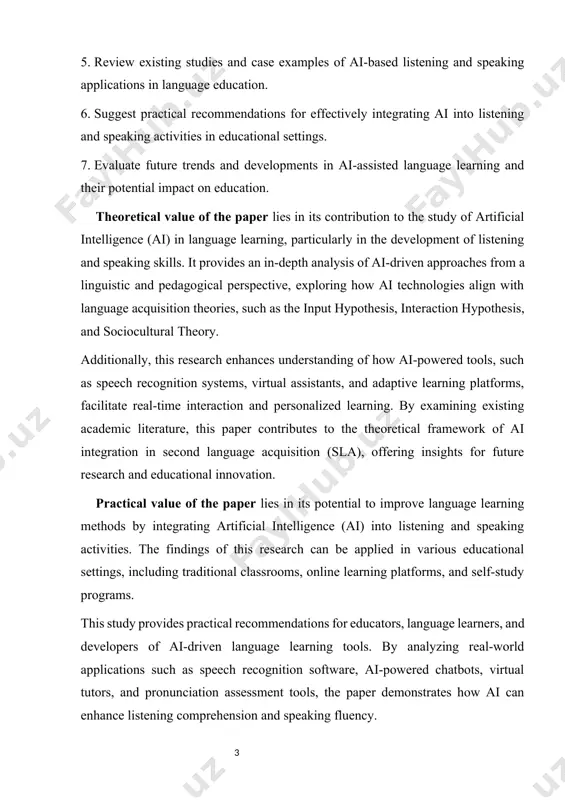 nguage learning by offering interactive, personalized, and efficient tools for developing listening and speaking skills. many ai-powered applications and platforms have been implemented in educational settings, helping learners practice pronunciation, improve comprehension, and engage in natural conversations. this section explores several real-world case studies that highlight the practical application of ai in language learning.[footnoteref:2] [2: smith, j. (2022). artificial intelligence in language learning: opportunities and challenges. journal of educational technology. ] 1. duolingo: ai-powered personalized language learning overview: duolingo is one of the most popular ai-driven language learning platforms, with millions of users worldwide. the platform integrates ai and machine learning to provide personalized lessons, adaptive difficulty levels, and interactive exercises to enhance listening and speaking skills. ai features used: speech recognition: learners practice pronunciation by speaking into the app, and ai evaluates accuracy. chatbots: ai-powered bots simulate real-life conversations to improve speaking fluency. adaptive learning: ai adjusts lesson difficulty …