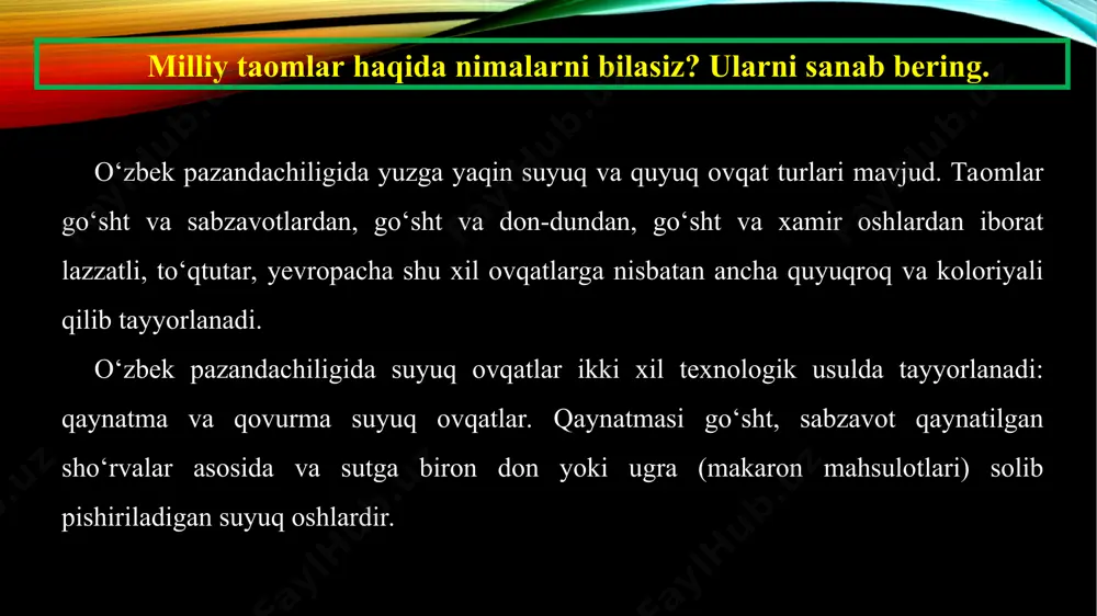 ‘ng 2–3 dona kartoshka archib, butunligicha, kattaroq bo‘lsa 2–3 ga bo‘lib solasiz va pishirishni oxiriga yetkazasiz. kartoshka pishgach, olovni o‘chirasiz. tuz sho‘rva pishishidan 5 daqiqa oldin solinadi. tayyor sho‘rvani dasturxonga tortishda kosalarga quyib, yuziga to‘g‘ralgan oshko‘k sepiladi. go‘sht va sabzavotlarni chovlida suzib olib, har bir xo‘randa uchun likoplarga teng taqsimlaysiz. yoki bitta laganga solib keltirsangiz ham bo‘ladi. sho‘rva birinchi ovqat, go‘sht va sabzavotlar esa ikkinchi ovqat sifatida iste’mol qilinadi. qovurma mastava tayyorlash texnologiyasi kerakli jihozlar: qozon, kapgir, cho‘mich, pichoq, taxtakach, qoshiq, sanchqi, kosa. kerakli masalliqlar: 500 g go‘sht, 100 g qo‘y yog‘i, 2 dona piyoz, 2 dona sabzi, 2–3 dona pomidor, 2 dona kartoshka, 1 piyola guruch. ta’bga ko‘ra tuz va ziravor, ko‘katlar kerak bo‘ladi. 500 g go‘shtni olib, mayda-mayda qilib to‘g‘raysiz, 100 g qo‘y yog‘ini to‘g‘rab, qizitilgan qozonga solasiz, eritasiz va jizzasini olib dog‘laysiz. bunga go‘shtni solib jazlaysiz. go‘sht o‘rniga qiymadan ham foydalansa bo‘ladi. 2 bosh piyozni mayda to‘g‘rab, …