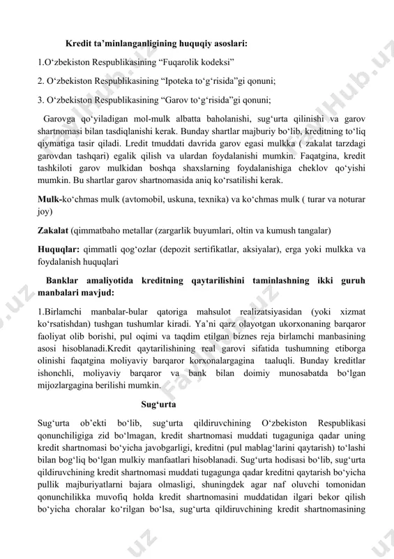 lki to‘g‘risidagi malumotlarni tekshirish mumkin. bu asosan, kreditor uchun garov mulkiga qo‘yilgan majburiy talablarni (mulk masalan boshqa kreditga garovga qo‘yilganligi) shuningdek, garovga qo‘yilayotgan mulk to‘g‘risida qisqa vaqt mobaynida aniqlash imkonini beradi.faqatgina kredit tashkiloti garov mulkidan boshqa shaxslarning foydalanishiga cheklov qo‘yishi mumkin. bu shartlar garov shartnomasida aniq ko‘rsatilishi kerak. qarzdorning kreditdan foydalanish davrida kredit tashkiloti roziligi bilan garovni almashtirish imkoniyati mavjud. bunda kredit tashkiloti tomonidan qarzdorning kredit tarixi, taklif etilayotgan mulkning holati va kredit qoldig‘iga mutanosibligi inobatga olinadi.garov mulki bahosi kredit summasidan ancha baland bo‘lsa, uni navbatdagi kreditga ham garovga qo‘yish huquqi qonun bilan belgilangan. o‘zbekiston respublikasining “garov to‘g‘risida”gi qonuni, 15-modda) bunda, garov mulki dastaaval birinchi kredit bo‘yicha yuzaga kelgan majburiyatlarni qoplashi nazarda tutiladi. kredit taminoti sifatida turar joyingizni garovga qo‘yishdan avval uni yo‘qotib qo‘yishingizni yani uning xatarini o‘ylang, xatarni to‘g‘ri baholang va oila azolariingiz uchun keltirib chiqarishi mumkin bo‘lgan noqulayliklar haqida o‘ylash maqsadga muvofiqdir.asosiy garov mulkingiz kredit mablag‘ini 125%ni qoplamayaptimi, …