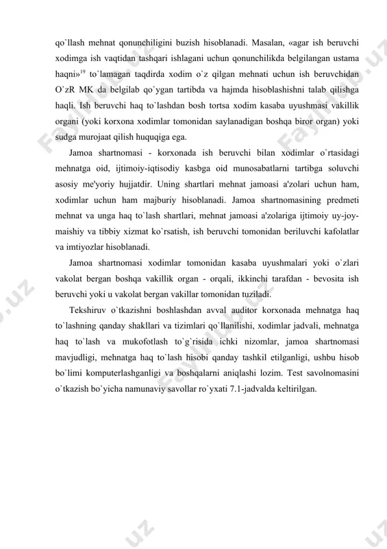 bo`limi tomo-nidan bir yilda kamida bir marotaba tanlab olib nazorat amalga oshiriladi n2 ichki nazorat susaytirilgan, xatolar bo`lishi mumkin 5. ish haqidan ushlab qolishlar tekshiriladimi? bir yilda kamida bir marotaba tanlab olib nazorat amalga oshiriladi n2 ichki nazorat susaytirilgan, xatolar bo`lishi mumkin 6. soliqlar bo`yicha hisoblar ijti-moiy sug`urta, soliq idoralari tomonidan tekshirilganmi? hisobot yilida tekshiruv o`tkazilmagan n2 ichki nazorat susaytirilgan, xatolar bo`lishi mumkin 7. hisob-kitob-to`lov qaydnomalari to`g`ri raqamlanganmi? ketma-ket raqamlash qo`llaniladi n4 nazorat yetarli darajada 8. mukofotlar, mehnat ta'tili, kasallik varaqalari va boshqalarni hisoblash tartibiga rioya qilinadimi? rioya qilinadi, lekin kor-xonada to`lovlar tartibi to`g`risida ichki nizom ishlab chiqilmagan va tasdiqlanmagan n2 ichki nazorat susaytirilgan, xatolar bo`lishi mumkin 9. ish haqi va boshqa to`lovlar o`z vaqtida to`lanmagan holatlari bo`lganmi? ha, bo`lgan n2 sabablarini aniqlash lozim 10. ish haqini tayyor mahsulotlar bilan to`lash holatlari bo`lganmi? ha, bo`lgan n2 soliqqa tortish to`g`ri hisoblanganligini tekshirish lozim 11. ish haqi bo`yicha hisobvaraqlarning o`zaro bog`lanish chiz-masi …
