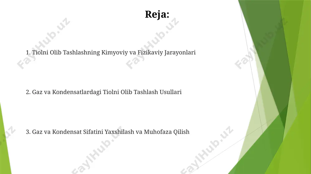 idlovchilar, sulfidlarni elementar oltingugurtga aylantirib, 90% dan yuqori samaradorlikka erishishga yordam beradi va bu jarayon natijasida hosil bo'lgan oltingugurtni keyinchalik qayta ishlash mumkin. membrana texnologiyalari: membrana tanlash va jarayon parametrlari membrana jarayonining samaradorligi, membrana materialining gidrofobligi va 0,1-0,5 mikron teshik oʻlchamiga bogʻliq boʻlib, xorazm viloyatining gazni qayta ishlash korxonalarida 2-3 yil xizmat muddatini taʼminlaydi. membrana tanlashda, masalan, polisulfon yoki poliimiddeng tayyorlangan membranalar 90% dan yuqori sulfidlarni ajratish samaradorligiga ega boʻlib, 50-70°c harorat va 3-5 mpa bosimda oʻzbekiston gaz qayta ishlash zavodlarida qoʻllanishi mumkin. iqtisodiy jihatlari va tannarx tahlili ўзбекистондаги газ қайта ишлаш заводларида тиолларни олиб ташлаш жараёнига йилига 10-15% гача қўшимча харажатлар киритилади, бу эса 5-10 млн ақш долларига тенг бўлиши мумкин. россия ва қозоғистон компанияларининг тажрибасига кўра, тиолларни олиб ташлаш учун янги технологияларни жорий этиш дастлабки инвестициялари 2-5 млн ақш долларигача етиши мумкин, аммо бу узоқ муддатли фойда келтиради. biologik usullar: mikroorganizmlarni qo'llash taxminan 100 dan ortiq mikroorganizm turlari …