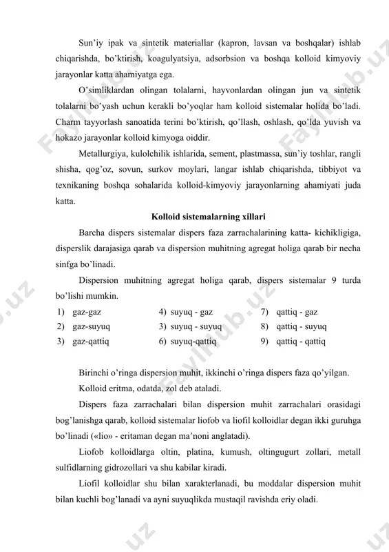 lar, poliamidlar va hokazo). metallarni elektr yordami bilan «changlatish» usuli buning uchun kolloid eritmasi olinishi kerak bo’lgan metalldan yasalgan ikki sim dispersion muhitga tushirilib, ularning biri elektr manbaining musbat qutbi bilan, ikkinchisi esa manfiy qutbiga ulanadi, simlar bir-biriga tekkizilib, elektr yoyi hosil qilinadi, so’ngra ular bir-biridan uzoqlashtiriladi. bu vaqtda metall erituvchi ichida changlana boshlaydi. barqaror zol hosil bo’lishi uchun ozgina ishqor qo’shiladi. bu usulda asosan asl metallarni zollari olinadi. changlatish bilan kolloid eritma hosil qilishdan avval metall bug’lanadi, so’ngra uning molekulalari o’zaro birikib, kolloid eritma zarrachalarini hosil qiladi; shuning uchun ham bu usul kondensatsion usul deyiladi. keyinroq bu usulni shvedberg ancha takomillashtirdi. dispersion muhitda parchalanmaydigan va isitmaydigan ultrayuqori chastotali toklardan foydalanilib, har xil suyuqliklarda turli metallarning zollarini olishga muvaffaq bo’lindi. shunday qilib, natriy va kaliyning suvsiz efirdagi kolloid eritmasi hosil qilindi. adabiyotlar 1. волцкий a.в., сергеевская e.с. teoрия металлургических процессов. -m.: meтaллургия, 1996. - 380 с. 2. филиппов с.и. teoрия …