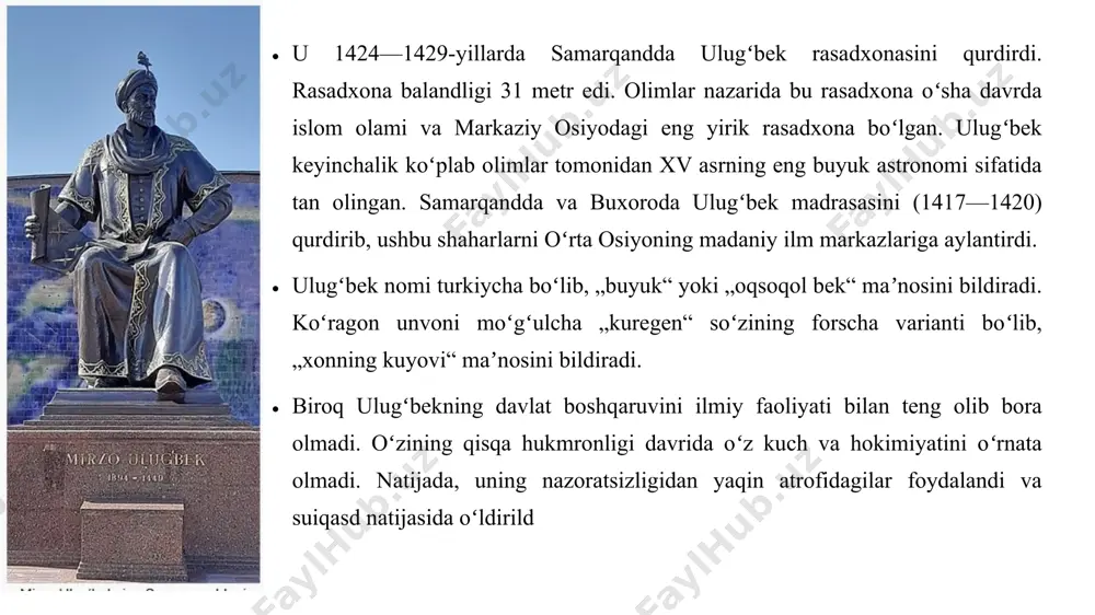 uhim markaz bo‘lib qolgan. 4. oilaviy va siyosiy mojarolar ulug‘bekning davlat arbobi sifatidagi faoliyati oilaviy nizolar va siyosiy murakkabliklar bilan to‘qnashgan. uning o‘g‘li abdulatif va boshqa qarindoshlari bilan bo‘lgan mojarolar uning hukmronligiga salbiy ta’sir ko‘rsatgan. 1449-yilda o‘z o‘g‘li tomonidan taxtdan ag‘darilib, keyinchalik fojiali tarzda qatl etilgan. 5. samarqandning o‘ziga xos siyosiy o‘rni mirzo ulug‘bek hukmronligi davrida samarqand temuriylar davlatining siyosiy markazlaridan biri bo‘lib qolgan. shahar ichki va tashqi siyosatda muhim rol o‘ynagan. ulug‘bek ko‘plab boshqa davlatlar bilan diplomatik aloqalarni rivojlantirgan va samarqandni tinchlik hamda barqarorlik maskaniga aylantirishga harakat qilgan. 6. samarqandda infratuzilma rivoji ulug‘bek samarqandni mustahkam va qulay shaharga aylantirish uchun ko‘plab infratuzilma loyihalarini amalga oshirgan. shahar atrofida sug‘orish tizimlarini yaxshilash, karvonsaroylar qurish, yo‘llarni ta’mirlash va bozorlarda savdo tartibini yo‘lga qo‘yish uning hukmronligining muhim yo‘nalishlaridan biri edi. bu choralar samarqandni iqtisodiy jihatdan yanada kuchaytirgan. 7. ilmiy muhitni shakllantirish ulug‘bek ilmiy faoliyat uchun qulay sharoit yaratish maqsadida dunyoning turli burchaklaridan olimlarni …
