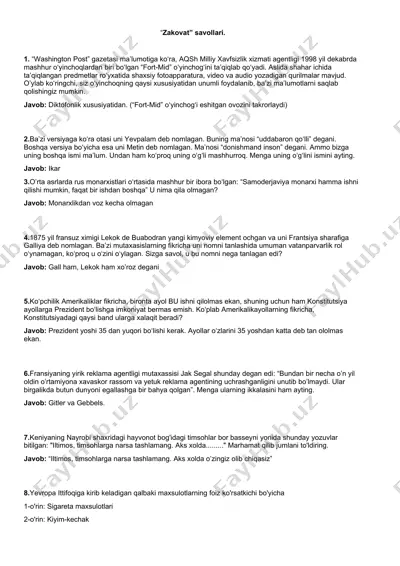zakovat savollari — DOCX
