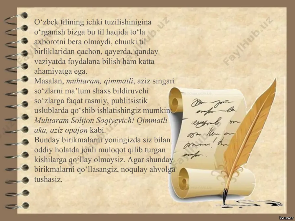 sbatangina qo‘llaniladi. shuning uchun bu uslubda fanning ma’lum sohasiga doir atamalar keng qo‘llaniladi. ilmiy-ommabop uslubda esa fan yutuqlarini keng ommaga yetka­zish maqsad qilinadi. shuning uchun bunday uslub publitsistik uslubga yaqinroq bo‘ladi. ma’lum fan sohasiga doir atamalar qo‘llanilsa ham, lekin bu atamalar xalqqa tushunarli bo‘lishi uchun izohlanadi. sof ilmiy uslubning o‘zi ham fan tarmoqlari bo‘yicha bir-biridan farq­lanadi. masalan, matematika uslubi bilan tarix yoki adabiyot­shunoslik uslubi bir xil emas. тarix va adabiyotshunoslik uslubi publitsistik uslubga yaqinroq tursa, matematika fanining bayon qilish uslubida eng yuqori darajadagi mavhumlashtirish, turli xil formulalar, shakliy ifodalar orqali ilmiy xulosalarni bayon qilish kuchli bo‘ladi. e’tiboringiz uchun rahmat
