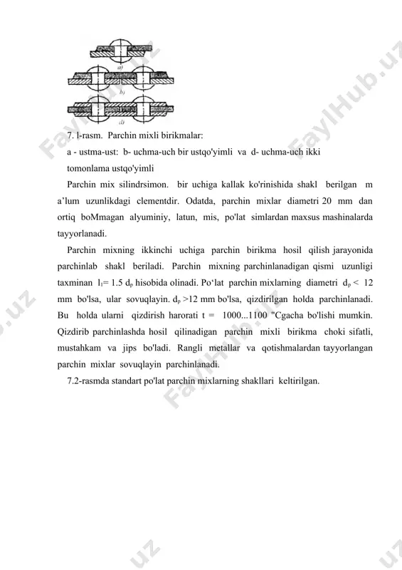 urlari uchraydi. parchin mixlar materiallari sifatida kam uglerodli po‘latlar ст2, c t 3, ст2кп, стзкп, 10, 15, юкп, 15кп; legirlanganl2x18h9t po'lati; mis м3; latun j163, alyuminiy qotishmalari ад1, д18, amr 5 va boshqalar qo'llaniladi. parchin mixli birikm alarni hisoblash parchin mixli birikmalar ishlash sharoitiga binoan uch turga tasniflanadi: mustahkam chokli birikmalar (ko'priklar, fermalar) - birikmaning yetarli darajada mustahkam bo`lishi talab etilganda ishlatiladi. mustahkam - jips chokli birikmalar - katta mexanikaviy kuchlar ostida ishlaydigan va parchin chok germetik bo`lishi talab etilgan (bug`qozonlari, avtoklavlar, katta bosim ostidagi idishlar) tuzilmalarda qo`llaniladi. jips chokli birikmalar - birikma faqat germetik bo'lishi zarur bo'lgan hollarda (yoqilg'i, turli moylar, suv. suyuqliklami saqlash uchun ishlatiladigan idishlar) foydalaniladi.parchin mixli birikmalarni hisoblashda tubandagi soddalashtirishlar qabul qilinadi: yuklanish barcha parchin mixlarga teng ta’sir etadi deb qaraladi. teshiklardagi kuchlanishlar jamlanishi e’tiborga olinmaydi. parchin mix yonboshidagi va teshikcha devoridagi bosim baravar taqsimlangan deb olinadi. kesuvchi kuchlanish parchin mixning ko'ndalang kesimida bir tekis, ravon …