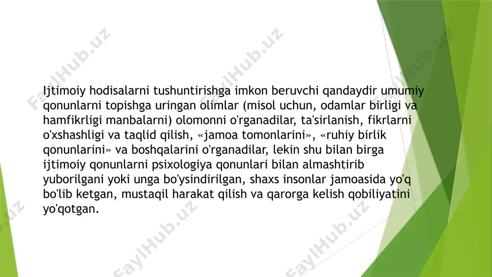 ha ilmiy tortishuvlar tugamagan, ijtimoiy psixologiyaning fan sifatida umumiy qabul qilingan tushunchasi ham hozircha yo'q, ammo mutaxassislar tomonidan an'analar so'zsiz uning konsepsiyalariga kiradigan muammolar doirasi belgilab olingan. shuning uchun talaba adabiyotni mustaqil o'rganishda bir savolga turlicha, ba'zan bir-biriga qarama-qarshi nuqtayi nazarlarga duch kelishi mumkin, chunki fan rivojlanish holatida, ammo ijtimoiy psixologiyani o'rganishni boshlayotganlar uchun bu holat qiynchiliklar tug'dirishi mumkin, ulami o'qitish metodikasida hisobga olish kerak. o'qituvchi talabaga nima maslahat berishi mumkin? birinchidan, bitta hodisani turlicha fikrlar, tushunchalar, tushuntirishlar, ulami ajratishga turlicha yondoshishlar hech ham uni tashvishlantirmasligi kerak. aksincha, bunday turlicha fikrlami ko'rib ularni bir-biri bilan solishtirish dalillarini tushunishga va qarorga kelishga to'g'risini tanlashga harakat qilishi kerak. bunday yondashish aniq nuqtayi nazardan oddiy haqiqatni bilib olishning eng samarali usulini bildiradi. demak, ba'zi ijtimoiy psixologik hodisalami tushuntirishda farqni sezib qolganingizda hech ham hayajonlanmang, balld xursand bo'ling, o'ylab ko'rishga imkoniyat mavjud va muammoga o'z qarashlaringizni ishlab chiqish imkoniyati bo'ladi. ikkinchidan, agarda o'qituvchi ilmiy …