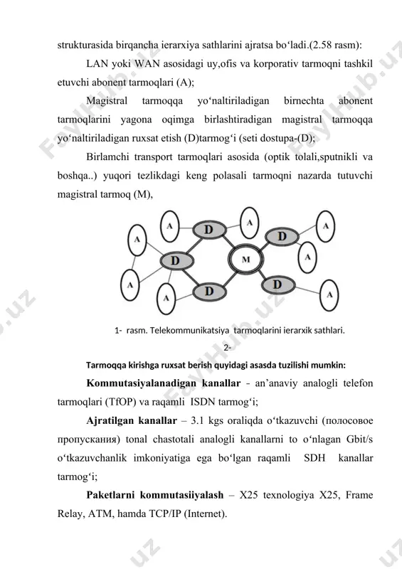 ratilgan raqamli kanallar asosida quriladi. kirishga ruxsat berish va magistral tarmogʻi transport (tayanch ) tizimini tashkil etadi,vazifassi ma’lumotlarni tez va ishonchli yyetkazish. ajratilgan kanallar asosida tuzilgan transport tizimlarini 2 sinfga boʻlsa boʻladi: analogli (nosiklli) tarmoqlar; raqamli (tsiklli) tarmoqlar. analogli transportli tizimlar asosan mavjud boʻdgan telefon kanallari asosida amalga oshiriladi. raqamli transportli tizimlar quyidagi texnologiyalar asosida tuzilishi mumkin: plezioxronnli (pdh); sinxronli (sdh); asinxronli (atm). 2.telefon tarmoqlari asosida ma’lumotlarni uzatish telefon tarmogʻi turli sathdagi telefon stantsiyalarini birlashtiradi-qishloq,shahar,xalqoro va boshq. ats - avtomatik telefon stantsiya,uning asosiy vazifasi nutqlar oqimi (telefonli) ma’lumotlarini kommutasiyalash.umuman olganda ats kenglikdagi kommutator deb qarash mumkin. evolyusiya jarayonida ats elektromexanik stantsiyalardan to programmali boshqariladigan zamonaviy stantsiyalargacha boʻlgan yoʻlni bosib oʻtdi (2-rasm.). 2-rasm. ats turlari elektromexanik ats ikkita turdagi stantsiyalari dekadli-qadamlovchi ats, ularda kommutasion element sifatida dekadali qadamlab izlavchi foydolaniladi –10 ta kontaktlar yigʻindisidan tashkil topgan elektromexanik qurilma.kontaktlar begunok berilgan elektrik impulslar orqali ulanadi va elektrik zanjirni tashkil etadi, (8.3-rasm). bitta …
