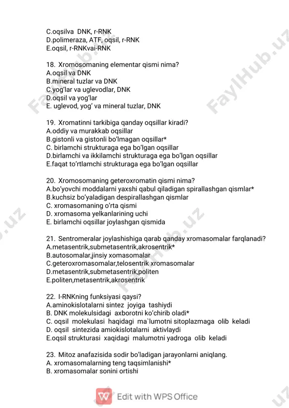 qaladi b.dnk miqdori ikki marta oshadi* c. konyugatsiya ro’y beradi d.bivalent xosil bo’ladi e. xujayra markazi xosil bo’ladi 26. mitoz siklida qaysi davrlar amalga oshadi? a.presintetik,sintetik,postsintetik,mitoz* b.interfaza,mitoz,interkinez c.interfaza,mitoz,endomitoz d.premitotik,mitotik,postmitotik,mitoz e. profaza,metofaza,anofaza,telofaza 27. jinsiy ko’payish ahamiyati nimadan iborat? a. populyatsiyaning genetik o’zgaruvchanligi ortadi* b. mutatsiya chastotasi ortadi c. jinssiz ko’payishdan farqli ravishta nasl miqdori ko’p bo’ladi d. yosh individlarda o’lish darajasi pasayadi e. hayot areali ortadi 28. qaysi turdagi bo’linish usuli evolyutsiyaning oxirgi bosqichida paydo bo’lgan? a.jinsiy* b.vegetativ c.partenogenez d.poliembrioniya e.jinssiz 29. jinsiy ko’payish shakllari? a konyugatsiya, kopulatsiya, gametalar yordamida* b. spora bilan, gameta yordamida, konyugatsiya c. konyugatsiya, kopulatsiya, gameta yordamida, bo’linish d. kopulatsiya, spora bilan, gametalar yordamida e. gametalar yordamida, kopulatsiya 30. urug` hujayra yadrosi va tuxum hujayra sitoplazmasi qo’shilib rivojlanishiga nima deyiladi? a. androgenez* b. ovogenez c. ginogenez d. partanogenez e. filogenez 31. tuxum hujayra yadrosi bilan urug’ hujayra sitoplazmasi qo’shilib rivojlanishiga nima deyiladi? a. filogenez b. androgenez c. …