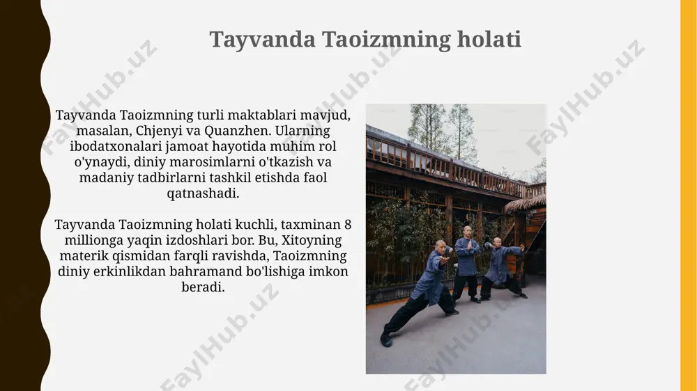 susan daodejing, yin va yang kabi 5 ta element falsafasiga oid muhim tushunchalarni beradi. u tao tamoyillarini chuqur anglash uchun asos bo'lib xizmat qiladi. ko'pgina xattotlik asarlarida 3 ta xazina: muhabbat, o'lchov va kamtarlik kabi ezgu fazilatlarni tasvirlashga e'tibor qaratilgan. bu asarlar meditatsiya va ichki o'zgarish uchun ishlatiladi. asosiy tamoyillar va e'tiqodlar taoizmning e'tiqodiga ko'ra, «wu wei» - бу ҳаракатсизлик орқали ҳаракат қилиш, яъни табиий оқимга қарши турмасдан, воқеаларга ўз йўлида ривожланишга имкон бериш, бу 8 immortals haqida tushunchani beradi. tao даонинг асосий принципи табиат билан уйғунликни англатади, бунда инсонлар табиатнинг мувозанатига мос равишда ҳаракат қилиши керак, бу yin va yangнинг ўзаро боғлиқлигини англатади. e'tiboringiz uchun rahmat @slaydtayor_bot image2.jpg image3.jpg image4.jpg image5.jpg image6.jpg image7.jpg image8.jpg image9.jpg image10.jpg image11.jpg image12.jpg image13.jpg image14.jpg image15.jpg image16.jpg image17.jpg image18.jpg