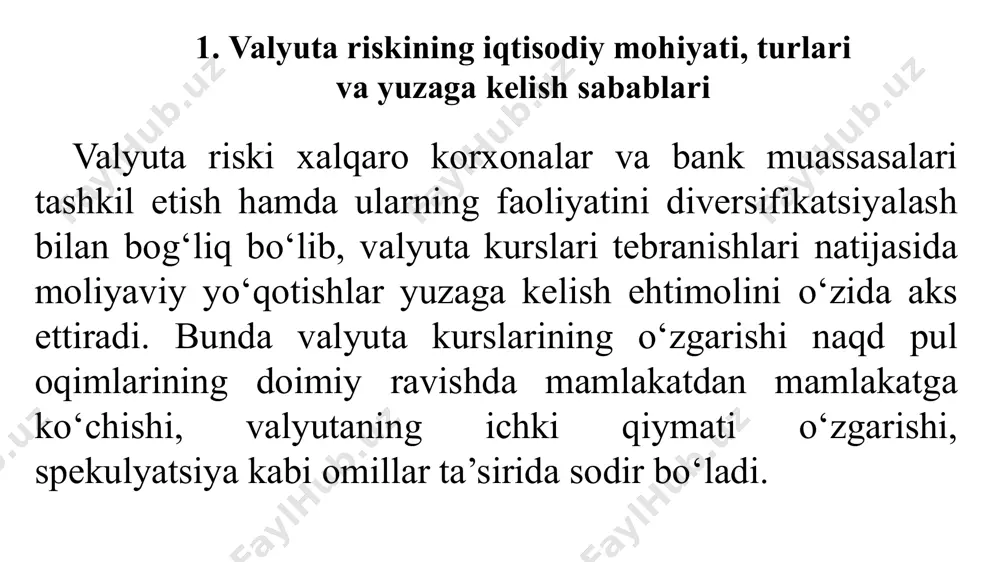 lyutasidagi talablarining summasi uning chet el valyutasidagi majburiyatlari summasidan ortiq bo‘lgan holdagi ochiq valyuta mavqei. qisqa valyuta mavqei ochiq valyuta mavqelarining jami summasi valyuta bozori ishtirokchisining chet el valyutasidagi talablari uning chet el valyutasidagi majburiyatlari summasiga mos (teng) bo‘lmagan holatdagi valyuta mavqei. valyuta bozori ishtirokchisining chet el valyutasidagi majburiyatlarining summasi uning chet el valyutasidagi talablari summasidan ortiq bo‘lgan holdagi ochiq valyuta mavqei. barcha turdagi chet el valyutalari bo‘yicha ochiq valyuta mavqelarining jami yig‘indisi. 2. valyuta ayirboshlash jarayonidagi yo‘qotishlar valyuta ayirboshlash jarayoni ikkita sxemadan biri bo'yicha amalga oshiriladi: x.v. → m.v. → m.v. → x.v. (usd→usz→ uzs→usd) m.v. → x.v.→ x.v.→ m.v. (usz→usd→ usd→uzs) valyuta ayriboshlash jarayonini ko'rib chiqish uchun biz quyidagilar kerak bo`ladi: rx — xorijiy valyutadagi omonat summasi; rm — milliy valyutadagi omonat summasi; sx — xorijiy valyutadagi omonat miqdorini ko`payishi; sm —milliy valyutadagi omonat miqdorini ko`payishi; kb — operatsiya boshlanishida valyuta kursi (milliy valyutaning xorijiy valyutaga nisbatan kursi); …