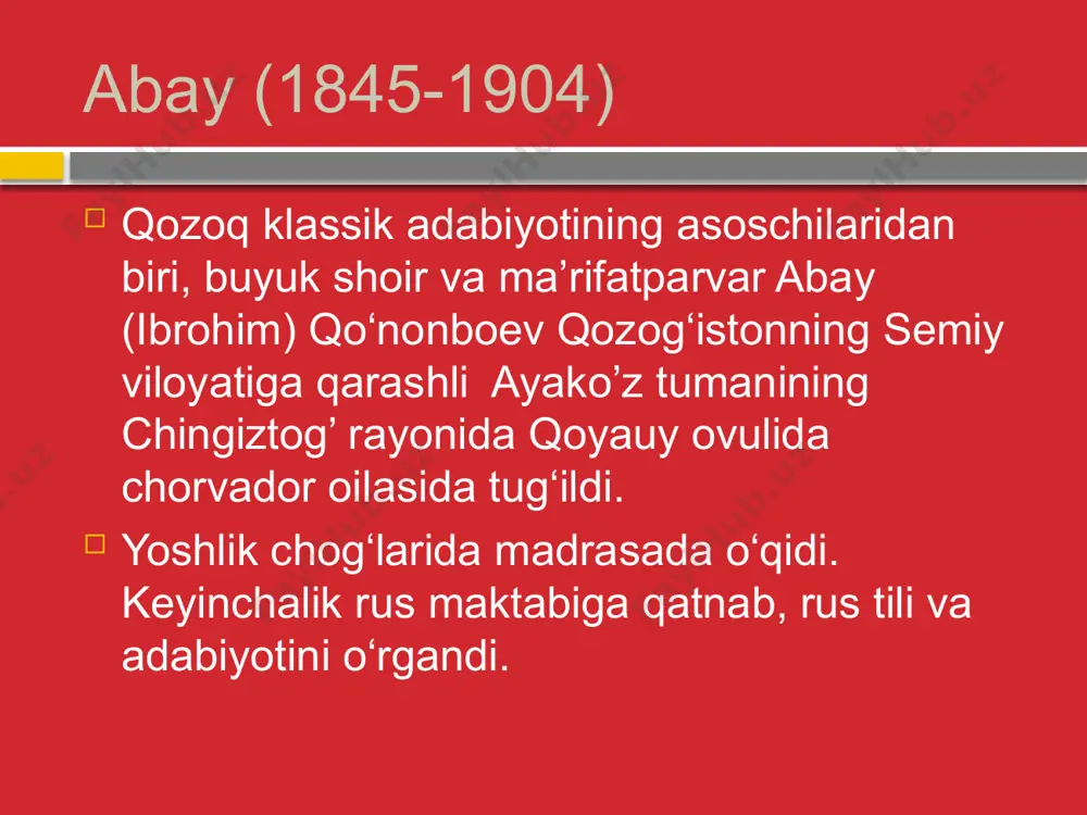 utba o‘qib keksa mullo, o’lan aytib yig‘lagan valiyullo, hamma ham chamasicha o‘lan o‘qir, o’lan bilan yozilgan kalimullo. ko’klam ko‘klam kelsa, qolmaydi qishning izi, qulp urar ko‘kalamzor yerning yuzi; jon kiradi borliqqa, tabiatga, ona yanglig‘ jilmayar kunning ko‘zi. kulishar, o‘lan aytar yigit-yalang, utovda o‘tirolmas qari-qartang; jon-jonivor, odamizod yayrab ketar, qushlarning qo‘shig‘idan havo jarang. qirdagi, soydagi el aralashar, qo‘y qo‘zilab, oyoqqa o‘ralashar, qish bo‘yi bir-birini ko‘rmaganlar quchoqlashar, o‘ynashar, hol so‘rashar. asarlari dostonlari: “iskandar”, “mas’ud”, “azim rivoyati”. falsafiy –didaktik asari: “qorako’z’’ she’rlari: “qish”, “burgutchi”, “kuz”, “sho’rlik qozog’im”, “ilm o’rgan”, “o’lan”, “ko’klam” naqliya so’zlar o’zbek adabiyotiga “nasihatlar”nomi bilan mashhur bo’lgan. “naqliya so’zlar” 44 hikoyatdan iborat. o’zbek tilida abayning “o’lan”(1945) va “abay qo’nanboyev” degan nom ostida ayrim asarlari tarjima qilinib bosilgan. o’ttiz birinchi so’z kishi eshitgan narsasini unutmaslik uchun to‘rtta shart bor: avvalo, buning uchun zehnli bo‘lmoq kerak; ikkinchidan, bir narsani ko‘rganda yo eshitganda — unga chin yurakdan ixlos qo‘yib, fahm-farosat bilan uqib olmoqlik lozim; …