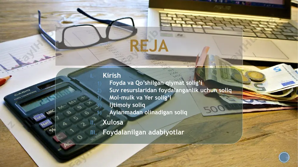 davri yakunlari boʼyicha jami daromadi besh milliard soʼmdan oshadigan soliq toʼlovchilar har oylik boʼnak toʼlovlarini oyning 23 kunidan kechiktirmay; (soliq kodeksining 340-moddasi) qqs soliqto’lovchilar soliq davri soliq stavkasi hisobotni taqdim qilish tartibi to’lovmuddati oʼzbekistonrespublikasiningyuridikshaxslari; soliq(hisobot)davri1 oy. yilningharoyida,soliqdavridankeyingioyning 20-kunidankechiktirmay, haroydakeyingioyning20-kunidankechiktirmayamalgaoshiriladi bazaviystavka- 15% elektronshakldagielektronxizmatlarkoʼrsatuvchichetelyuridikshaxslariuchunsoliqdavri1-chorak. suv resurslaridan foydalanganlik uchun soliq soliq to'lovchilar oʼzbekiston respublikasi hududida suvdan foydalanishni yoki suv isteʼmolini amalga oshiruvchi yuridik shaxslar soliq solish obyektlari yer usti va yer osti manbalaridan olib foydalaniladigan suv resurslari. soliq bazasi foydalanilgan suvning hajmi soliq bazasidir. (soliq kodeksining 443-moddasi) sanoatkorxonalariuchun(yerusti410so&amp;apos;m,yerosti490so&amp;apos;m) belgilanganlimitdoirasidayerustivayerostimanbalaridanolinadigan1kubmetrsuvuchunquyidagicha: iqtisodiyotnibarchasohasidagikorxonalaruchun(yerustiuchun140so&amp;apos;m,yerostiuchun170so&amp;apos;m) soliq stavkasi аvtotransportvositalariniyuvishuchun(yerusti1 380so&amp;apos;m,yerosti1 730soʼm) elektrstantsiyalariuchun(yerusti35so&amp;apos;m,yerosti60so&amp;apos;m) kommunalxizmatkoʼrsatishuchun(yerusti70so&amp;apos;m,yerosti90so&amp;apos;m) аlkogolsizichimliklarishlabchiqaruvchiuchun(yerustivaostisuviuchun21900so&amp;apos;m) soliq hisobotlarini taqdim qilish tartib joriy toʼlovlar boʼyicha maʼlumotnoma. joriy toʼlovlar miqdorini hisoblab chiqarish uchun joriy soliq davrining 20- yanvaridan kechiktirmay. (soliq kodeksining 448-moddasi) hisob-kitoblar yuridik shaxslar (qishloq xoʼjaligi korxonalaridan tashqari) tomonidan yillik moliyaviy hisobot taqdim etiladigan muddatda. qishloq xoʼjaligi korxonalari joriy soliq davrining 15 dekabriga qadar. (soliq kodeksining 447-modda