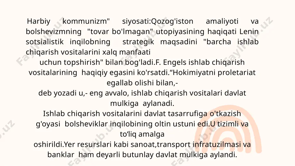 ng kuchi", bu kuchning potentsial qarama-qarshiliki sifatida "sovetning kuchi", bu "yuqoridan quvvat" ga aylantira boshladi byurokratik choralar va zo'ravonlikka murojaat qilishdan foydalangan holda barcha mumkin bo'lgan kuchlarga yordam berdi masalan,1921-yilda gʻarbiy qozogʻistonning ural va boʻkey viloyatlarida dehqonlar tomonidan oziq-ovqat tayyorlash idoralari tomonidan chorva mollarini musodara qilish mos ravishda 120 va 112 foizni tashkil etgan.bu yuksak koʻrsatkich “choʻponlarning inqilobiy gʻayrati” bilan emas, balki “proletariat vakillari”ning inqilobiy zulmi bilan izohlanadi,chunki bu faktlar yuzasidan partiya hokimiyati xabar beradi. xoʻjaliklardan bir don qoldirmay gʻalla tortib olindi.1920-yil may oyining oʻrtalarida oziq-ovqat komitetlariga oziq-ovqat diktaturasini,yaʼni qishloq xoʻjaligi mahsulotlarini yetishtirish va taqsimlashda davlat monopoliyasini oʻrnatish toʻgʻrisida yashirin partiya koʻrsatmasi keldi xalq komissarlari soveti butunittifoq kasaba uyushmalari markaziy kengashi (vtssps) huzuridagi harbiy oziq-ovqat byurosining 6000 oziq-ovqat otryadini,markaziy rossiyaning 20 ochlik viloyatlaridan,moskva,petrograd va uraldan 9,3 ming oziq-ovqat tayyorlovchi askarlarini yuk tashish uchun yubordi minglab ishchi va dehqonlarni yubordi.shu bilan birga,“proletariat vakillari”ga koʻrsatma berildi:“ortiqcha gʻallaga ega boʻlib,uni yoqilgʻi quyish shoxobchalariga …