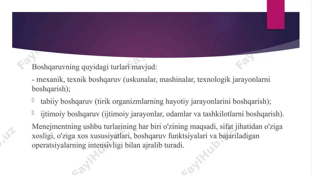 kni tashkil qilish uchun zarurdir.u universal emas va har xil funktsiyalarni alohida qamrab oladi. ushbu yondashuv boshqaruv vositalarining ko'lamiga, biznes turiga va ijtimoiy muhitga qarab kompaniyaning maqsadlarini amalga oshirish uchun tegishli sxemalarni o'z ichiga oladi. umumiy boshqaruv-umuman tashkilotni boshqarish. funktsional boshqaruv-tashkilot faoliyatining muayyan sohalarini boshqarish. funktsional bog'liqligiga qarab boshqaruvning bunday turlari quyidagicha ajratiladi: marketingni boshqarish. u moliyaviy bozorlarni o'rganadi, yangi tarqatish kanallarini yaratadi va narx siyosatini shakllantiradi. ishlab chiqarishni boshqarish sizga tashkilotning ishlab chiqarish jarayonlarini boshqarish, harakatlar va jarayonlarni muvofiqlashtirish orqali korxonaning asosiy faoliyatini amalga oshirish imkonini beradi. savdo menejmenti -bu mahsulot sotishni tashkil etish, mahsulotni etkazib berish bo'yicha xo'jalik shartnomalarini tuzishda ishtirok etish. xodimlarni boshqarish - bu mehnat resurslaridan foydalanish, ularni tanlash, joylashtirish, o'qitishning yuqori sifatli rejalashtirilishi. bunga motivatsiya tizimi va tashkilotni rivojlantirish ham kiradi. moliyaviy menejment - bu tashkilotni moliyaviy boshqarishning maqsad va vazifalarini ishlab chiqish, tashkilotning moliyaviy faoliyatini rejalashtirish, samarali resurslarni boshqarish usullarini ishlab chiqish. moliyaviy menejment …