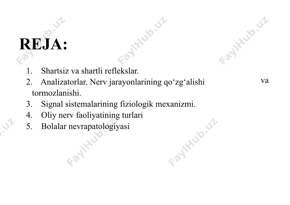 eflekslar past bo‘ladi (giporefleksiya) yoki yo‘qoladi (arefleksiya). 2. markaziy asab tizimi kasallanganda esa reflekslar yuqori bo‘ladi (giperrefleksiya). agar reflekslar chaqirilganda o‘ng yoki chap tomonda yuqori yoki past bo‘lsa (d > s; d < s), bu anizorefleksiya deb ataladi. markaziy paralichlarda patologik reflekslar uchraydi. ular ikki guruhga bo‘linadi: 1. yozuvchi patologik reflekslarga babinskiy, oppen geym, gordon, sheffer reflekslari kiradi. 2. bukuvchi patologik reflekslarga mendel - bexterev, jukovskiy, rossolimo, churayev kiradi. bu reflekslar, asosan, oyoqlardan chaqiriladi (15-rasm). babinskiy refleksi - oyoq kaftiga o‘tmas igna bilan chizilganda bosh barmoq yuqoriga qarab bukiladi. gordon refleksi - ikki qo‘l orasida boldir mushaklari qisiladi, bunda oyoqning bosh barmog‘i yuqoriga qarab bukiladi. oppengeym refleksi - katta va ko‘rsatkich barmoq bukilgan holda boldir suyagi ustidan pastga qarab yurgiziladi. shunda oyoq panjasining bosh barmog‘i yuqoriga qarab bukiladi. rossolimo refleksi -shifokor qo‘l bilan bemorning oyoq panjalariga urganda oyoq barmoqlarining hammasi pastga bukiladi. asab tizimi ikkiga markaziy asab tizimi va tashqi …