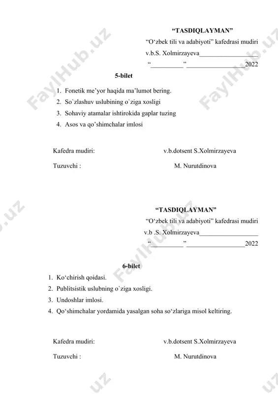 a__________________ “__________”__________________2022 12-bilet 1. bosh harflar imlosi. 2. nima uchun davlat tilini barcha bilishi kerak? ijodiy matn tuzing. 3. sohaviy atama deganda nimani tushunasiz? 4. o`z sohangizga oid atama va terminlardan namunalar keltiring. kafedra mudiri: v.b.dotsent s.xolmirzayeva tuzuvchi : m. nurutdinova “tasdiqlayman” “o‘zbek tili va adabiyoti” kafedrasi mudiri v.b.s. xolmirzayeva_________________ “__________”__________________2022 13-bilet 1. nutqning uslubiy shakllarini tushuntiring. 2. badiiy uslub haqida fikr bildiring. 3. sohaviy atamalarga misollar keltiring 4. lotin alifbosi haqida ma`lumot bering kafedra mudiri: v.b.dotsent s.xolmirzayeva tuzuvchi : m. nurutdinova “tasdiqlayman” “o‘zbek tili va adabiyoti” kafedrasi mudiri v.b.s. xolmirzayeva_________________ “__________”__________________2022 14-bilet 1. nutqning sofligi,aniqligi va to‘g‘riligini izohlang. 2. adabiy til me’yorlari. 3. til to‘g‘risida qanday maqollarni bilasiz? yozib, ma‘nosini izohlab bering. 4. raqamli biznes terminini izohlang kafedra mudiri: v.b.dotsent s.xolmirzayeva tuzuvchi : m. nurutdinova “tasdiqlayman” “o‘zbek tili va adabiyoti” kafedrasi mudiri v.b.s. xolmirzayeva_________________ “__________”__________________2022 15-bilet 1.o‘zbek adabiy tilining imlo qoidalari haqida gapiring. 2. atamalarning boyib borish usullari. 3. …