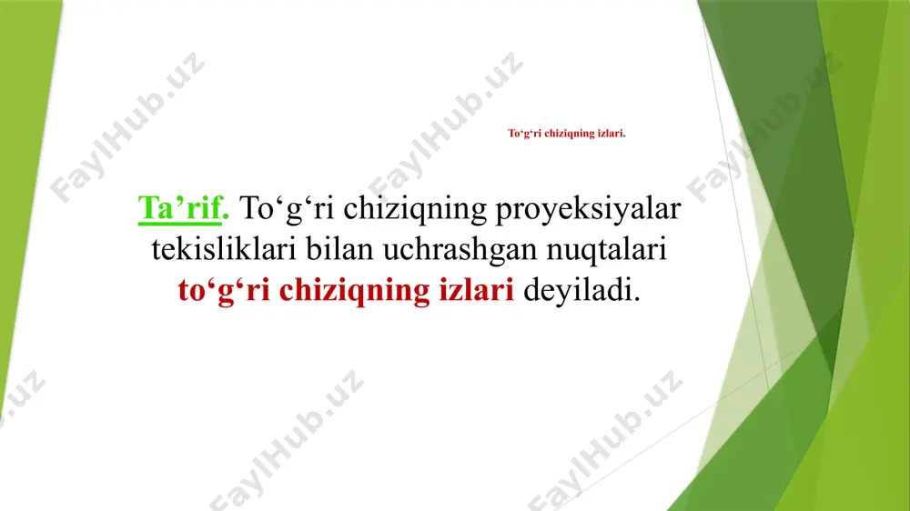 ‘ri chiziqlar deyiladi. parallel proyeksiyalarning xossasiga asosan parallel to‘g‘ri chiziqlarning bir nomli proyeksiyalari ham o‘zaro parallel bo‘ladi, ya’ni aiib bo‘lsa, u holda a′iib′, a″iib″, a″′iib″′ bo‘ladi. fazodagi umumiy vaziyatda joylashgan parallel to‘g‘ri chiziqlarning ikkita bir nomli proyeksiyalari o‘zaro parallel bo‘lsa, ularning uchinchi proyeksiyalari ham o‘zaro parallel bo‘ladi. bu goida o’zaro parallel bo’lmagan hususiy vaziyatdagi to’g’ri chiziglar uchun tadbiq etilmaydi. ikki to‘g‘ri chiziqning o‘zaro holati parallel to‘g‘ri chiziqlar agar ikki to ‘g ‘ri chiziq o’zaro parallel bo‘lsa ularning bir nomli proeksiyalari ham parallel bo ‘ladi. agar a ║ b, unda a1 ║b1 va a2 ║ b2. kesishuvchi to‘g‘ri chiziqlar ta’rif. agar ikki to‘g‘ri chiziq fazoda umumiy bir (xos) nuqtaga ega bo‘lsa, ularni kesishuvchi to‘g‘ri chiziqlar deyiladi. fazodagi to‘g‘ri chiziqlar kesishish nuqtasining proyeksiyasi shu to‘g‘ri chiziqlar proyeksiyalarining kesishish nuqtasida bo‘ladi. kesishuvchi to‘g‘ri chiziqlarning bir nomli proyeksiyalari ham chizmada o‘zaro kesishadi va kesishish nuqta proyeksiyalari bir proyeksion bog‘lovchi chiziqda bo‘ladi. fazoda umumiy vaziyatda …