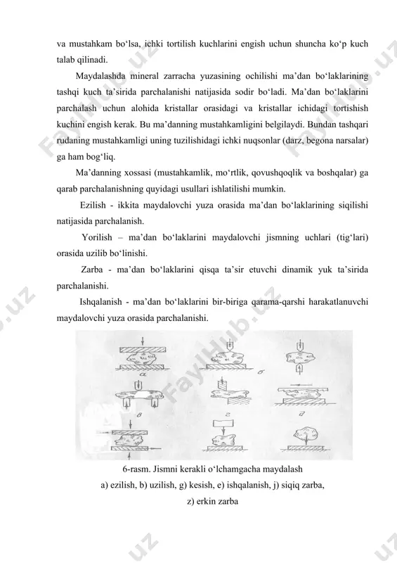 dalash qonuni hosil bo‘ladi - maydalash ishi yangidan hosil bo‘layotgan yuzalar kattaligiga to‘g‘ri proporsional: ko‘pincha maydalash o‘rtacha maydalash darajasida olib boriladi, shuning uchun maydalash ishini aniqlashda rebinder tenglamasida deformatsiya ishini ham, yangi yuzalarning hosil bo‘lishi ishini ham hisobga olish kerak, ya’ni maydalash ishi ham hajmga, ham maydalanuvchi jismning yuziga to‘g‘ri proporsional. rittenger, kirpichev - kik qonunlari asosida s/e - e/v koordinatalarida tuzilgan egri chiziqlarni taqqoslash shuni ko‘rsatadiki, rittenger qonuni zarrachalarning o‘lchamidan qat’iy nazar energiyaning solishtirma sarfi yuqori bo‘lganda, kirpichev - kik qonunini esa energiyaning solishtirma sarfi kam bo‘lganda qo‘llash mumkin. maydalash mashinalarining tasnifi va ularning ishlash prinsiplari ma’danlarni maydalash amalga oshiriladigan apparatlar maydalagichlar deyiladi. bu apparatlar bo‘linish ta’sirini hosil qiluvchi mexanizmning tuzilishi va mineral agregatiga ta’sir qilish usuli: qisqa ta’sir qiluvchi dinamik yuk-zarba, astasekin kuch qo‘yish-ezish va parchalash, abraziv bo‘linish - ishqalanish va boshqalar bilan bir-biridan farq qiladi. bo‘linish (uzilish) ni quyidagi mexanizmlar sodir etadi: katta konus ichida aylanadigan ikkinchi …