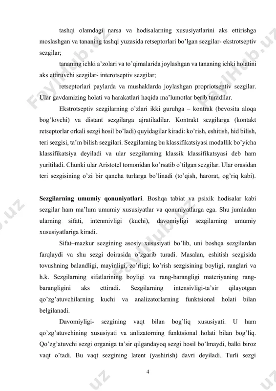 shuningdek, sezgi qo’zg’atuvchi o’z ta’sir kuchini to’xtatgan zahoti yukolmaydi. ko’zg’atishning asorati, ta’siri yana bir qancha vaqt davom etadi va ular keyin keluvchi obrazlarni hosil qiladilar. keyin keluvchi obrazlar ijobiy yoki aksi (negativ) bo’lishi mumkin. 4. adaptatsiya. analizatorlarning sezgirligi bir qator fiziologik, psixologik va muhitning ta’siri ostida o’zgaradi. bu o’zgarishlar orasida adaptatsiya hodisasi alohida o’ringa ega. adaptatsiya yoki moslashuv deganda kuzatuvchining ta’siri ostida sezgi organlari sezgirligining o’zgarishi tushuniladi. adaptatsiyaning uch turi farqlanadi: kuzatuvchining davomli ta’siri natijasida sezgilarning to’la yuqolishi. agar sezgi organiga biror qo’zg’atuvchi doimo ta’sir qilib tursa sezgi batamom yo’qolib ketish tendentsiyasiga ega. masalan, teriga tegib turgan yengil yuk tez orada sezilmay qoladi (qo’l soati borligini biz sezmaymiz). bir hid bor joyda uzoq vaqt bo’lsak bu hid sezilmay qoladi. kuchli qo’zg’atuvchi ta’siri ostida sezgi organlarining zaiflashishi, kamayishi (negativ adaptatsiya). agar qo’limizni muzday suvda tutib tursak teridagi sovuqni sezish retseptorlarining sezgirligi kamayadi. ko’zga kuchli yorug’lik ta’sir qilib tursa ko’zning sezgirligi kamayib, …