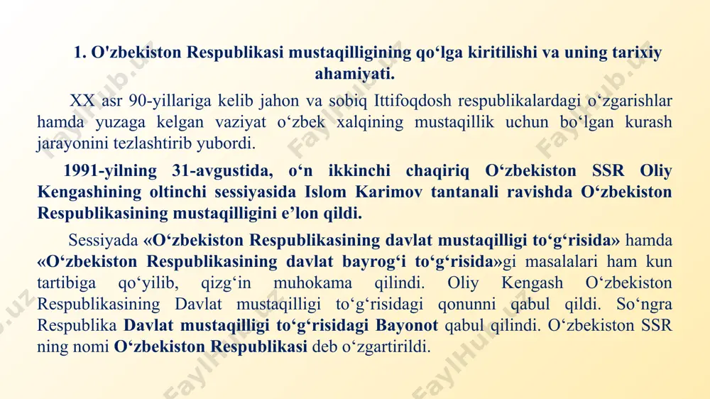 nomzodini, 1 million 220 ming 474 saylovchi (12,3 %) saloy madaminov nomzodini yoqlab ovoz berdi. markaziy saylov komissiyasi okrug komissiyalari majlis bayonlarini ko‘rib chiqib, o‘zbekiston respublikasi prezidenti saylovi to‘g‘risidagi qonunning 35-moddasiga asosan islom abdug‘aniyevich karimovni o‘zbekiston respublikasi prezidenti lavozimiga saylangan deb hisoblashga qaror qildi. prezident oliy kengashning ix sessiyasida dastur ahamiyatiga molik bo‘lgan davlat siyosatining strategiyasini aniq-ravshan ko‘rsatib berdi. 2. o‘zbekistonning o‘z istiqlol va taraqqiyot yo‘lini tanlashi va hayotga tatbiq etilishi. millatlararo munosabatlarni barqarorlashtirish, fuqarolarga erkinlik berish, jamiyatda ma’naviy yangilanish uchun barcha sharoitlar yaratish lozimligini, yosh avlod tarbiyasiga katta e’tibor berish kerakligini, huquqiy davlatda qonun ustuvor bo‘lishini alohida ta’kidladi. tabiiyki, ushbu qoidalar o‘zbekiston istiqloli va taraqqiyotining asosiy yo‘llarini belgilab berish uchun asos bo‘lib xizmat qildi. «biz ijtimoiy taraqqiyot va yangilanish borasida o‘z yo‘limiz bor, deb e’lon qildik. bozor iqtisodiyotiga o‘tar ekanmiz, milliy-tarixiy turmush tarzimizni, xalqimiz urf-odatlarini, an’analarimizni, kishilarning fikrlash tarzini hisobga olamiz», - dedi va tub islohotlarni amalga oshirish borasida …