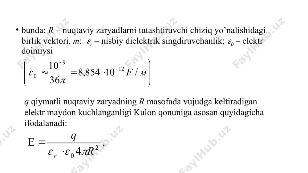 s- tallda mexanik tebranishlar uyg‘otiladi. kvars, segnet tuzi, bariy meta- titanati kabi kristallarning pyezo- elektrik xossalaridan texnikada keng foydalaniladi. masalan, bu dielek- triklar elektroakustik asboblarda ishla- tiladi. elektroakustik asboblar to‘g‘ri pyezoeffekt asosida mexanik (tovush va ultratovush) tebranishlarni elektr tebranishlarga o‘zgartirib bersa, tes- kari pyezoeffekt asosida esa elektr tebranishlarni mexanik tebranishlarga o‘zgartirib beradi. bundan tashqari, pyezoelektriklardan elektr tebranishlar generatorlarining chastotalarini stabillashtirishda, tez o‘zgaruvchan bosimlarni o‘lchashda keng foydalaniladi. segnetoelektriklar tajribalarda aniqlanishicha, bir qator kristall dielektriklar tashqi maydon bo‘lmaganda o’z-o’zidan (spontan) qutblanish xossasiga ega ekan. bu hodisa dastlab segnet tuzi (vino kislotasining ikkilangan kaliy-natriy tuzi: nakc4h6o6 ·4h2o) deb ataladigan kristallda aniqlangani uchun shu moddalarning barchasi segnetoelektriklar deb yuritiladi. segnetoelektriklar oddiy dielektriklardan bir qator xarakterli xossalari bilan farq qiladi. birinchidan, oddiy dielektriklarda dielektrik singdiruvchanlik bir necha birlikka, ba’zilarida bir necha o‘nga (masalan, suv uchun 81) teng bo‘lgan vaqtda, segneto- elektriklarning dielektrik singdiruvchanligi bir necha mingga yetishi mumkin. masalan, uy temperaturasida segnet tuzi uchun ning …